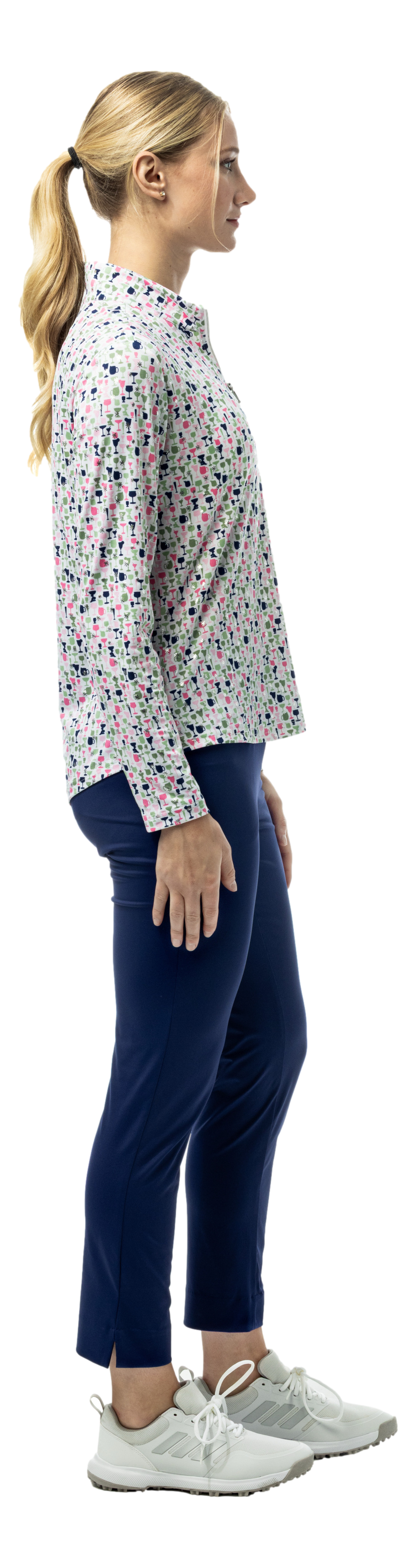 SanSoleil SOLSHINE foil print long sleeve mock top in silver with a shiny, reflective design and quarter-zip neckline.