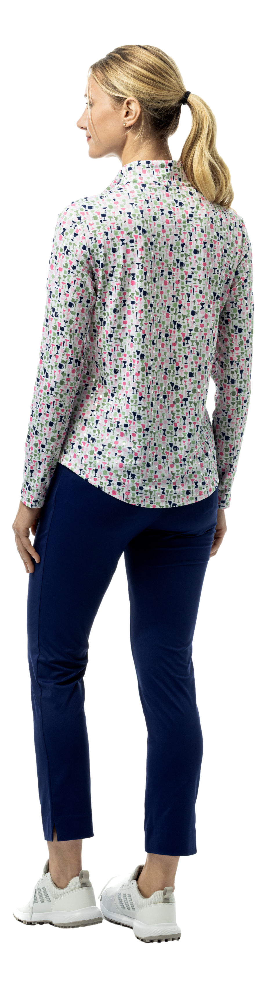 SanSoleil SOLSHINE foil print long sleeve mock top in silver with a 1/4 zip and sparkle detail, designed for stylish comfort.