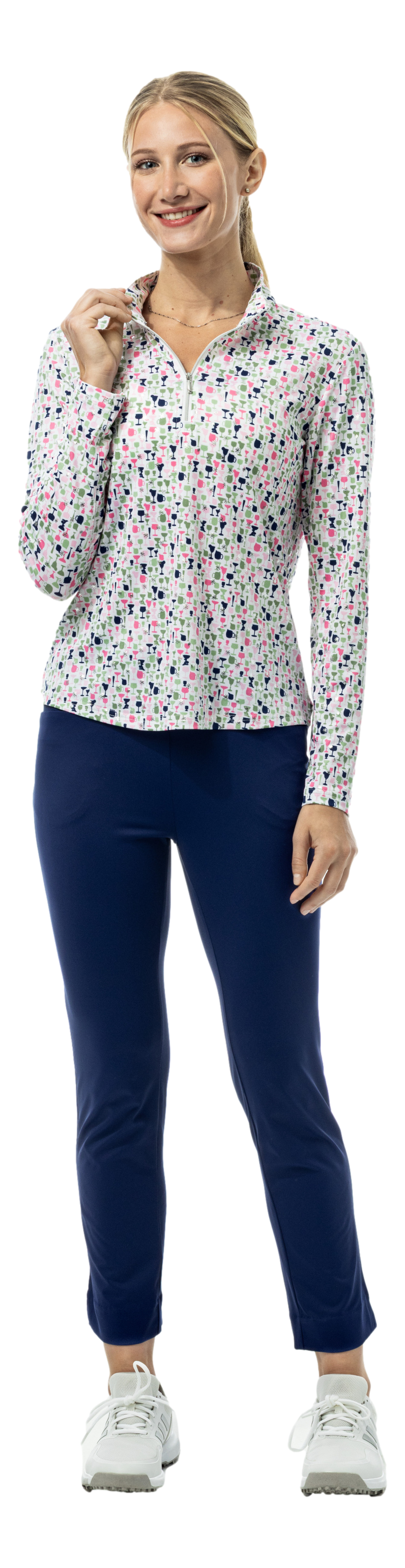 SanSoleil SOLSHINE foil print long sleeve mock with silver shimmering design and 1/4 zip, featuring a stylish sip and sparkle pattern.