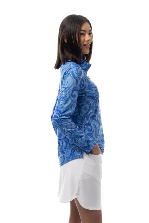 SANSOLEIL FOIL PRINT 1/4 ZIP MOCK. WHIRLWIND. BLUE. 900320
