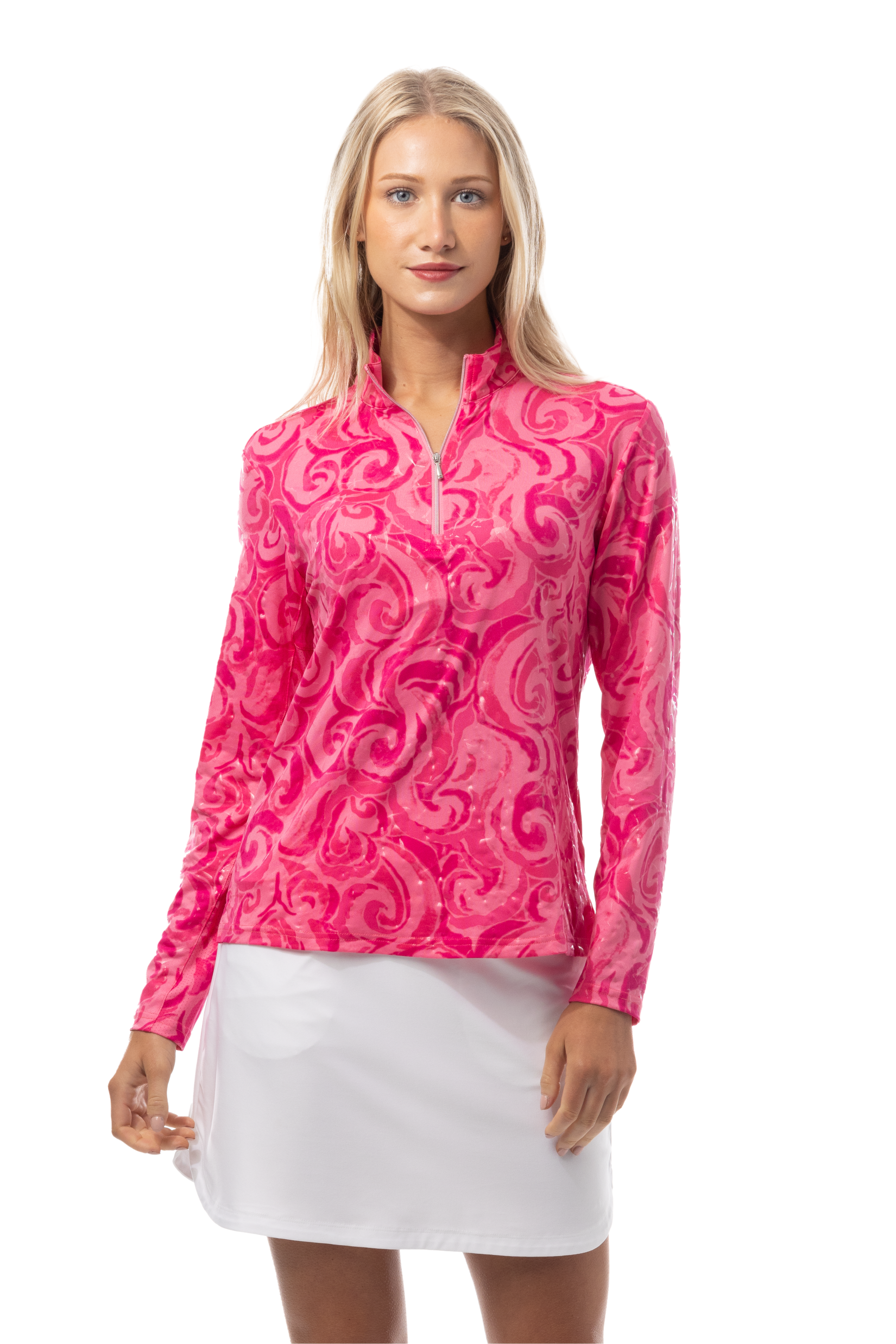 SANSOLEIL FOIL PRINT 1/4 ZIP MOCK. WHIRLWIND. PINK. 900320 - SanSoleil