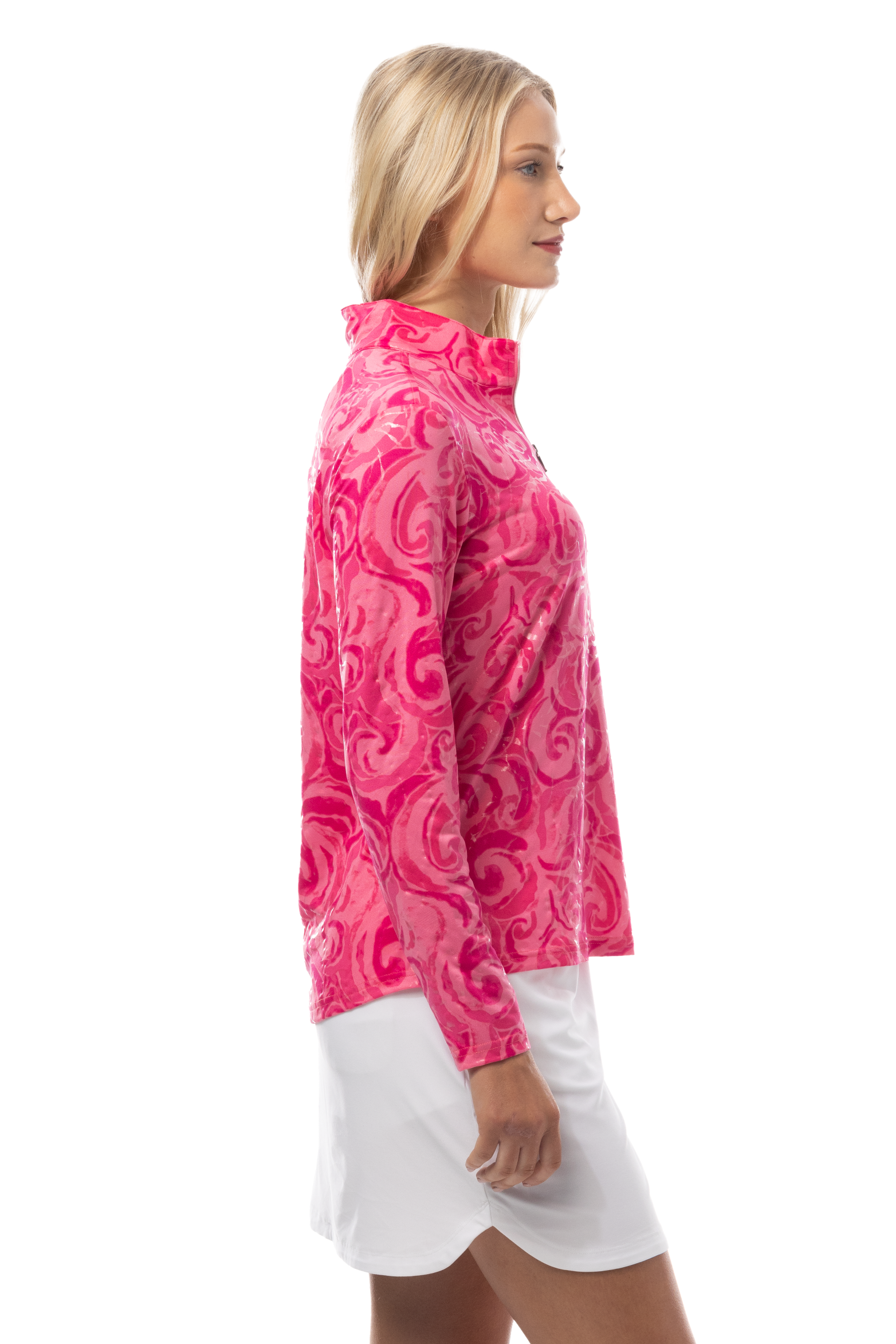 SANSOLEIL FOIL PRINT 1/4 ZIP MOCK. WHIRLWIND. PINK. 900320 - SanSoleil