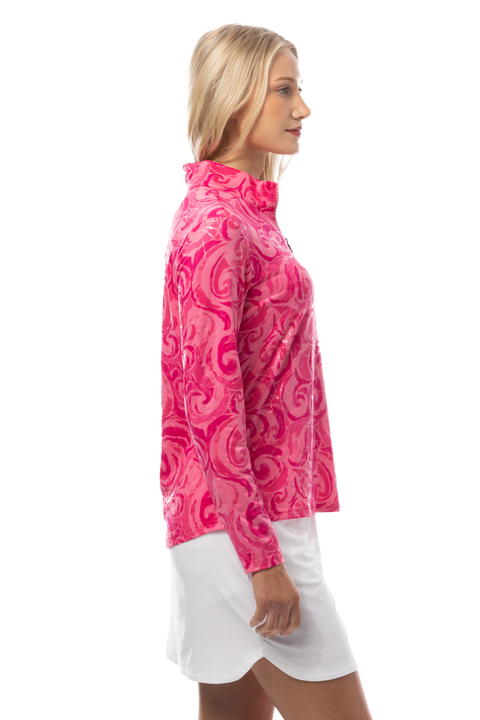 SANSOLEIL FOIL PRINT 1/4 ZIP MOCK. WHIRLWIND. PINK. 900320
