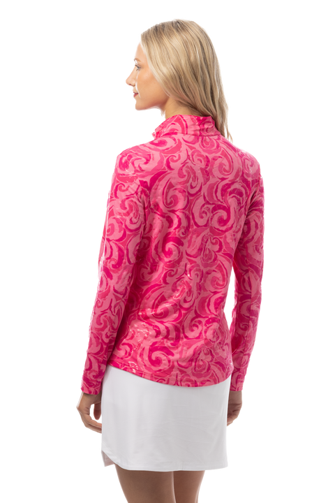 SANSOLEIL FOIL PRINT 1/4 ZIP MOCK. WHIRLWIND. PINK. 900320