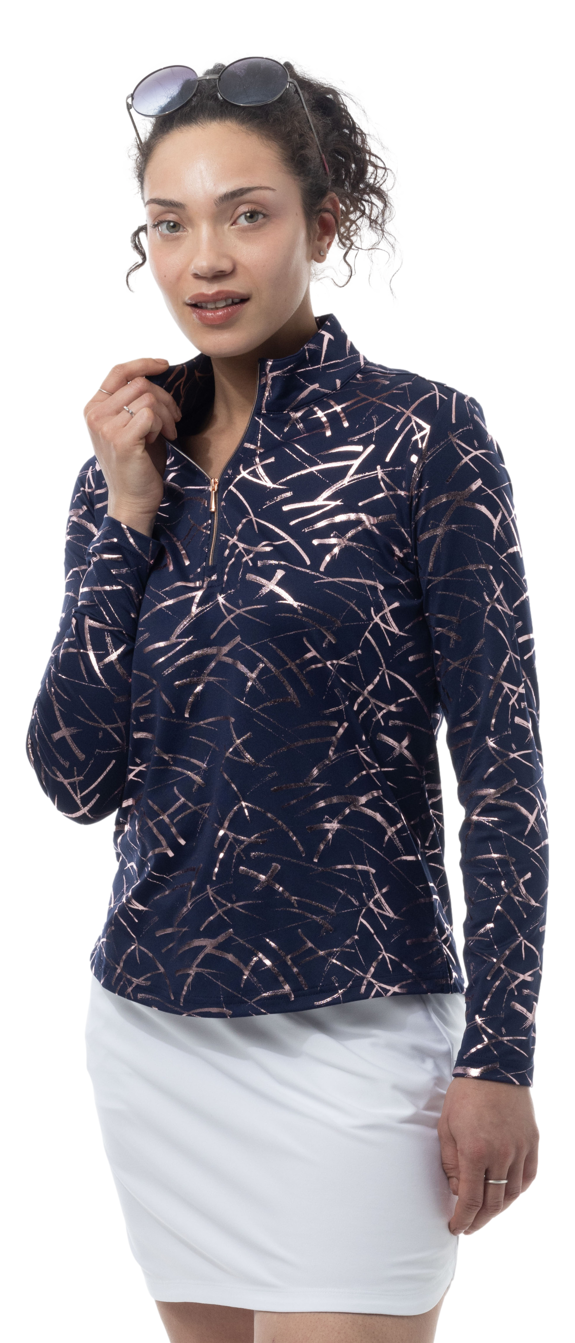SOLSHINE PRINT 1/4 ZIP MOCK. HALLEY. NAVY ROSE GOLD. 900320 - SanSoleil
