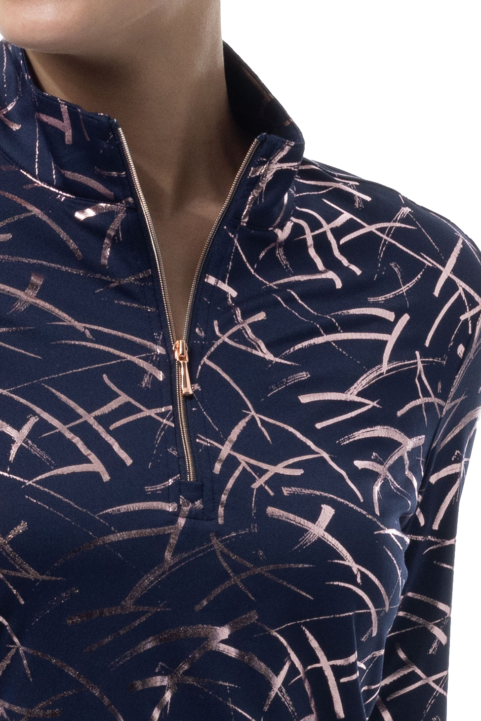 SOLSHINE PRINT 1/4 ZIP MOCK. HALLEY. NAVY ROSE GOLD. 900320 - SanSoleil