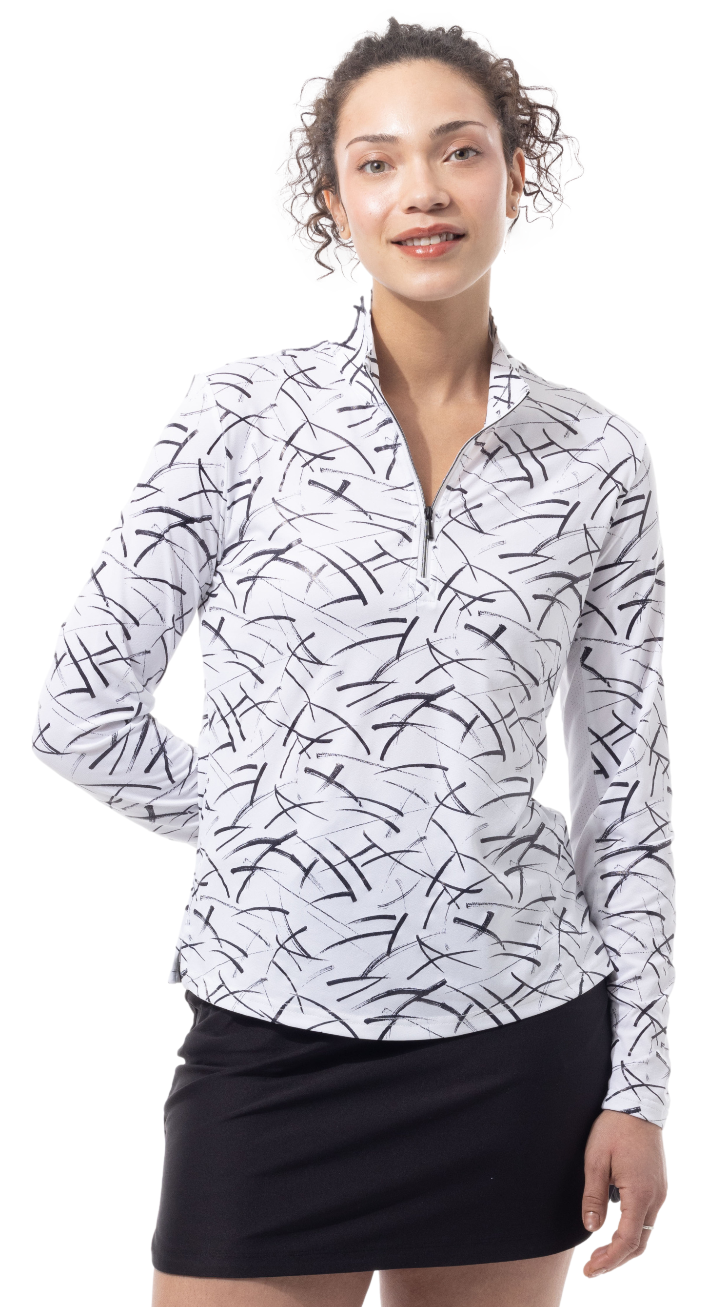 SOLSHINE PRINT 1/4 ZIP MOCK. HALLEY. WHITE BLACK. 900320 - SanSoleil