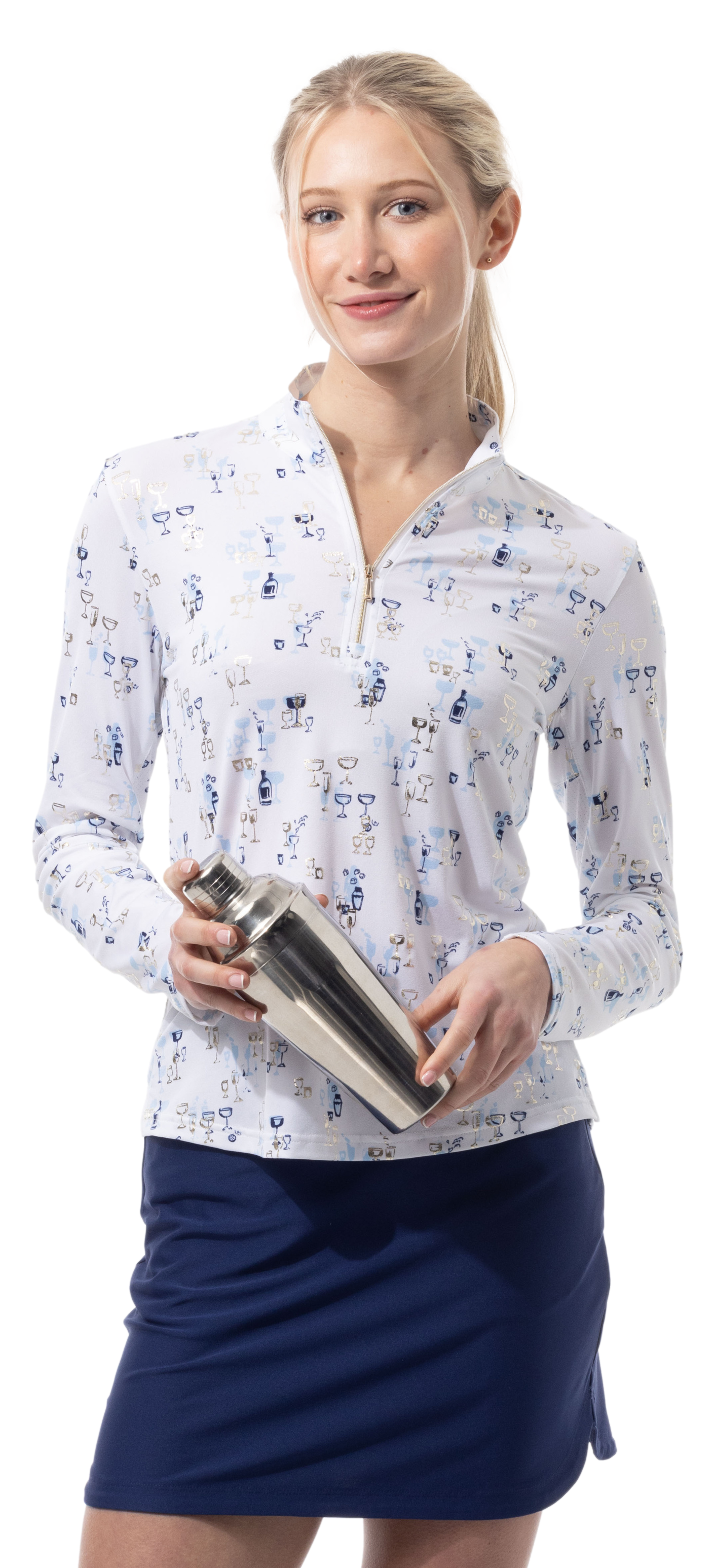 SOLSHINE PRINT 1/4 ZIP MOCK. SHAKEITOFF. NAVY GOLD. 900320 - SanSoleil