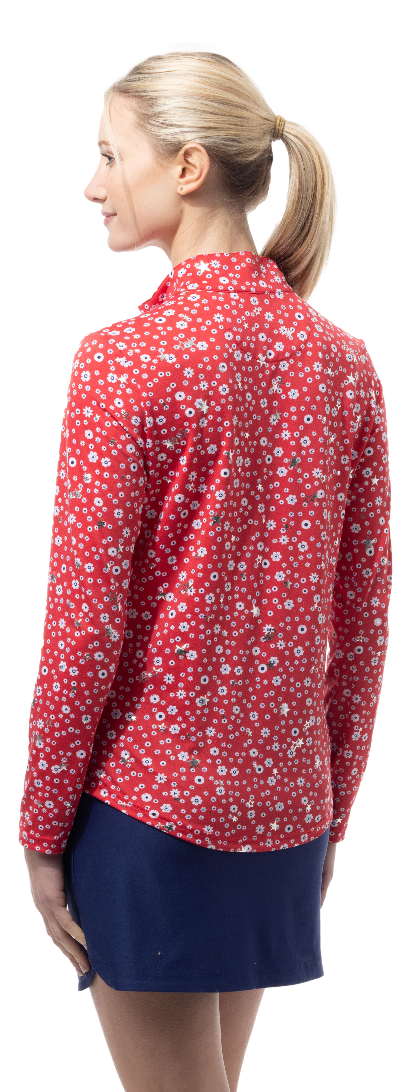 SOLSHINE PRINT 1/4 ZIP MOCK. STAR STRUCK. RED SILVER . 900320 - SanSoleil