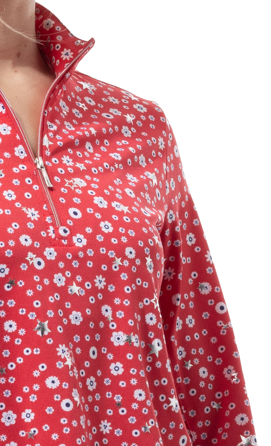 SOLSHINE PRINT 1/4 ZIP MOCK. STAR STRUCK. RED SILVER . 900320 - SanSoleil
