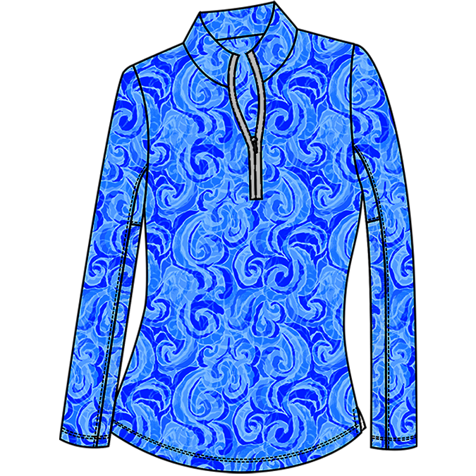 SANSOLEIL FOIL PRINT 1/4 ZIP MOCK. WHIRLWIND. BLUE. 900320 - SanSoleil