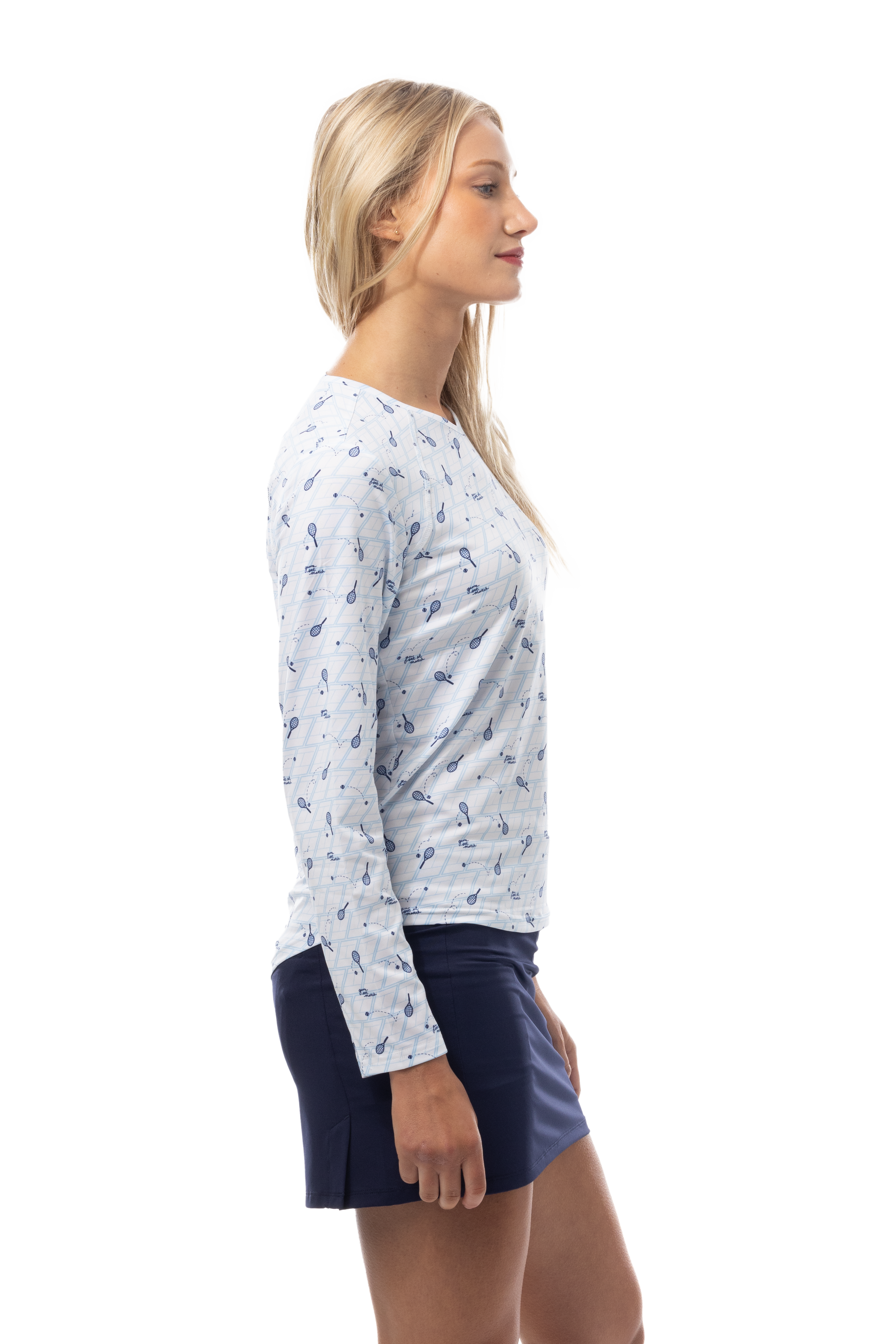 SANSOLEIL PRINT Long Sleeve Crew. GAME SET MATCH. BLUE. 900428PR - SanSoleil