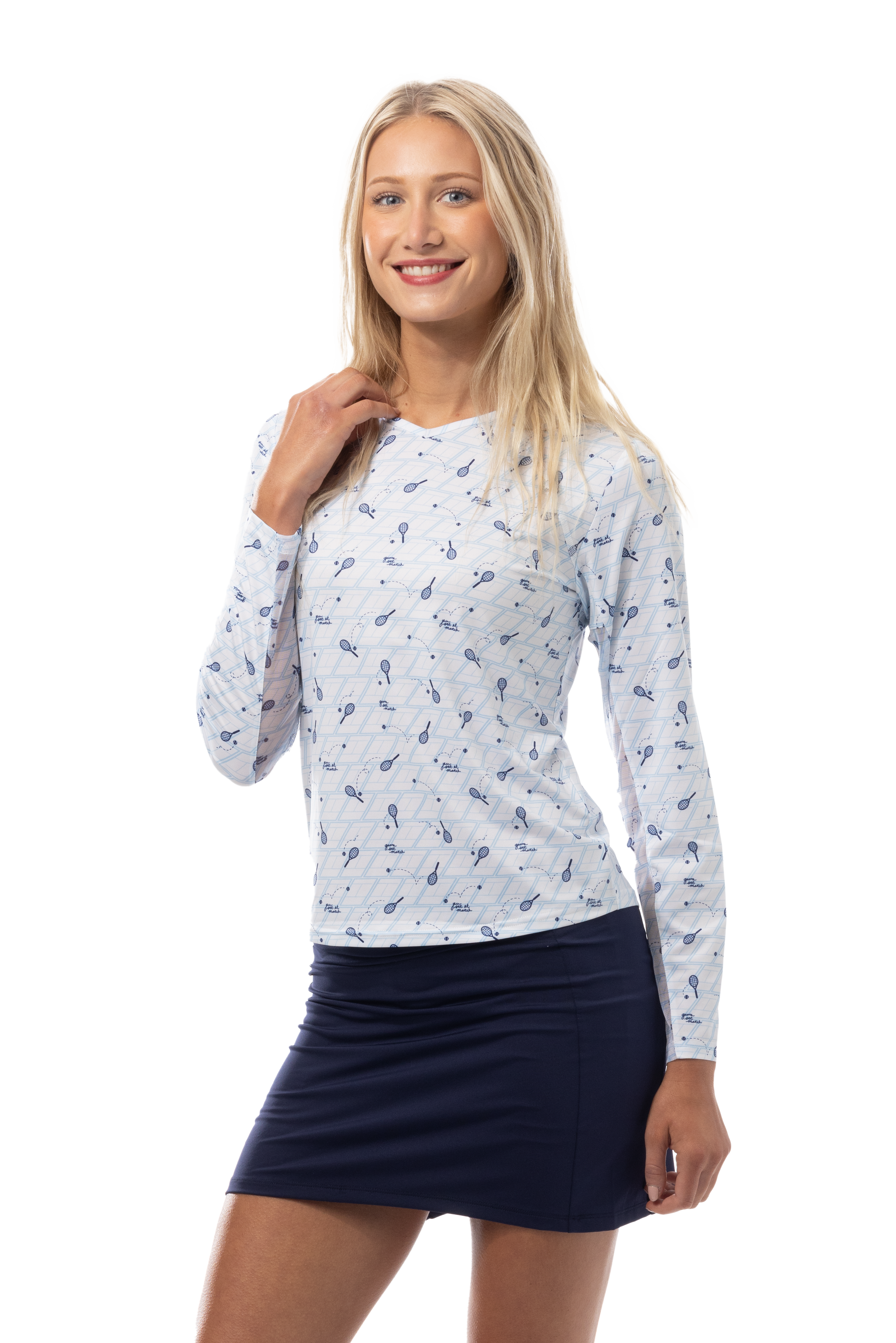 SANSOLEIL PRINT Long Sleeve Crew. GAME SET MATCH. BLUE. 900428PR - SanSoleil