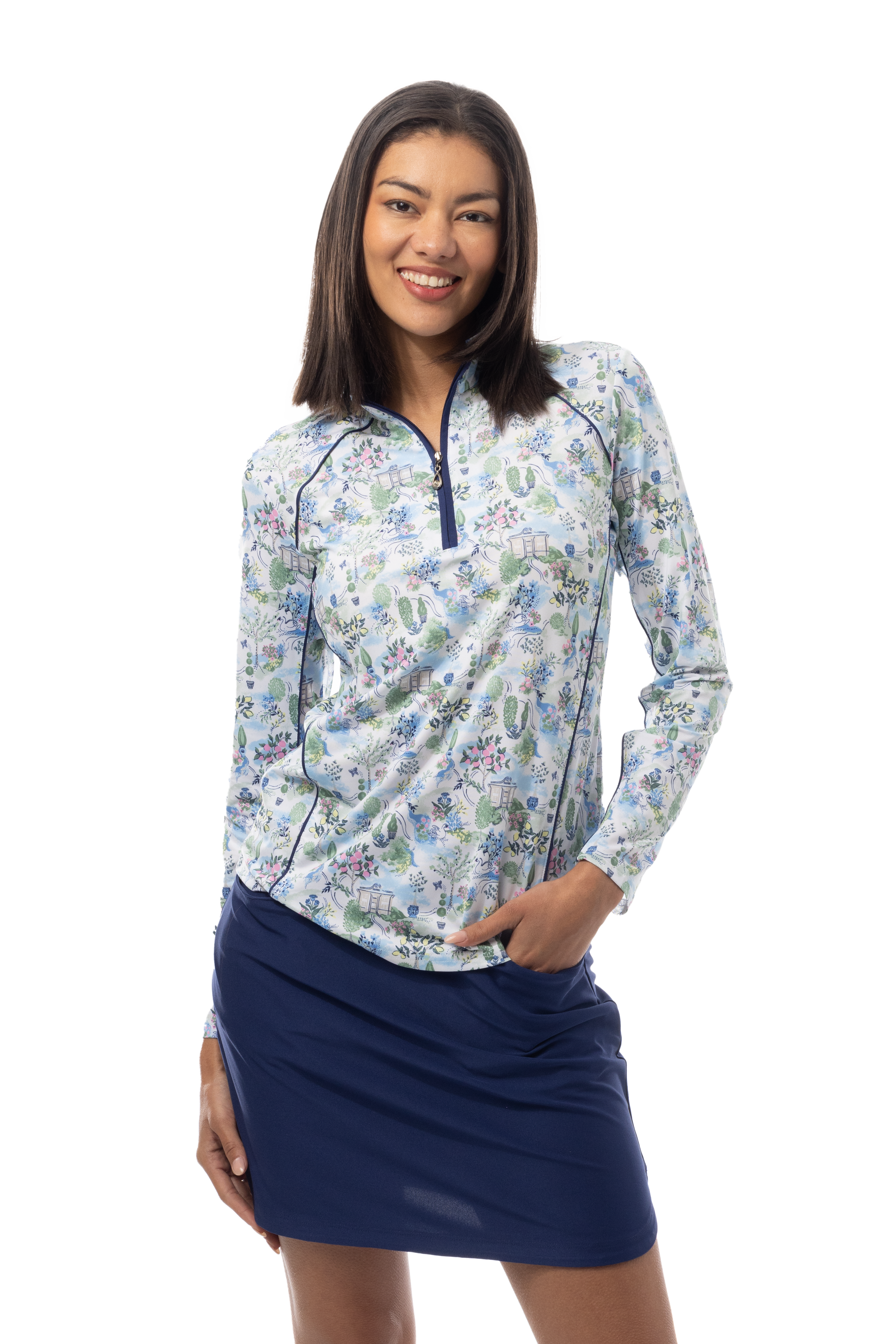 SANSOLEIL 1/4 ZIP MOCK WITH PIPING. VILLA. 900445P - SanSoleil