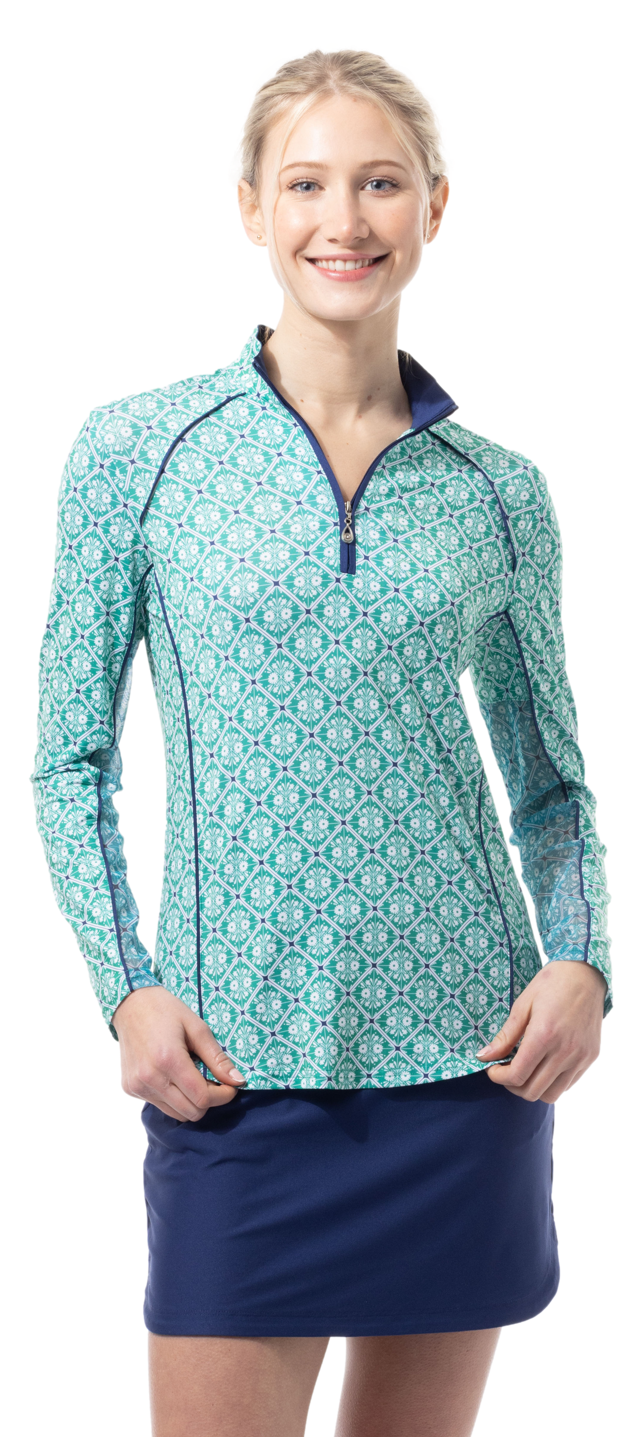 SOLCOOL 1/4 ZIP MOCK WITH PIPING. CASABLANCA. GREEN. 900445P - SanSoleil