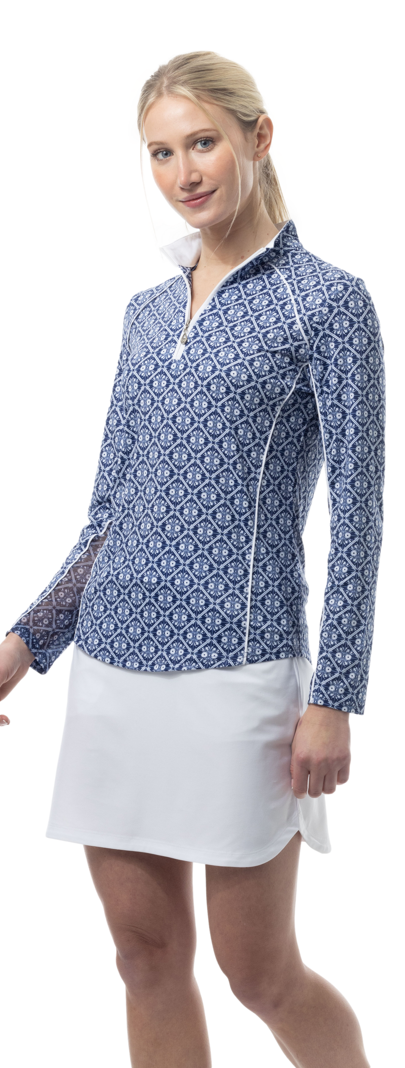 SOLCOOL 1/4 ZIP MOCK WITH PIPING. CASABLANCA. NAVY. 900445P - SanSoleil