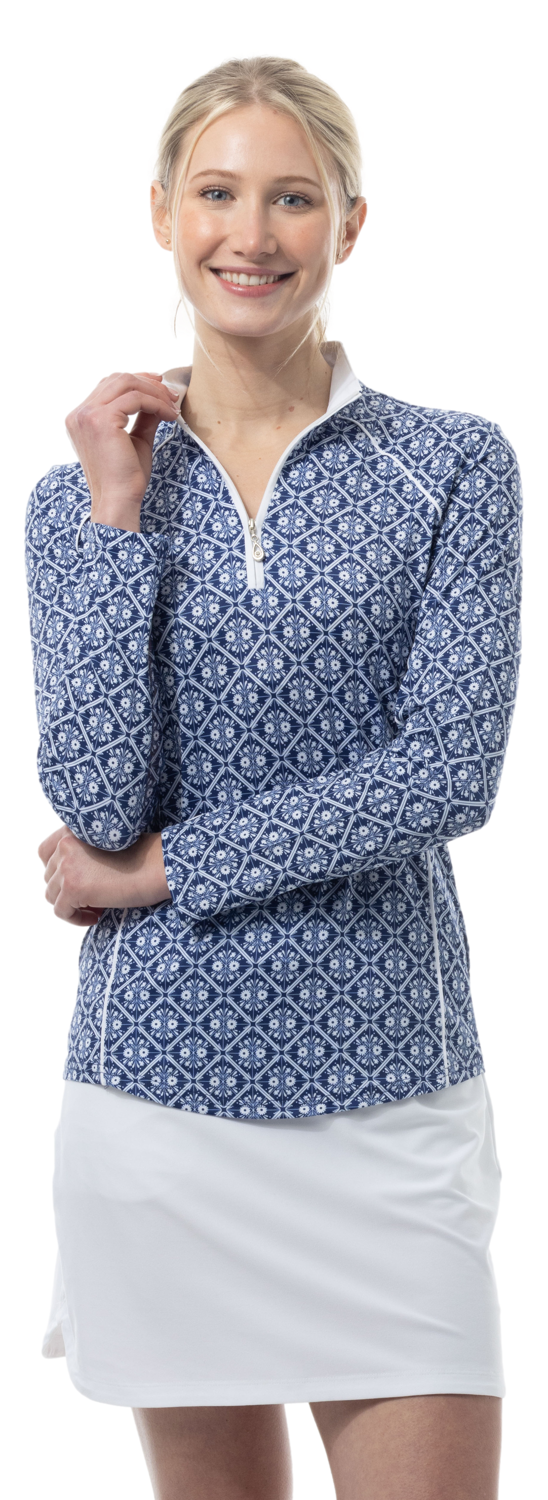 SOLCOOL 1/4 ZIP MOCK WITH PIPING. CASABLANCA. NAVY. 900445P - SanSoleil
