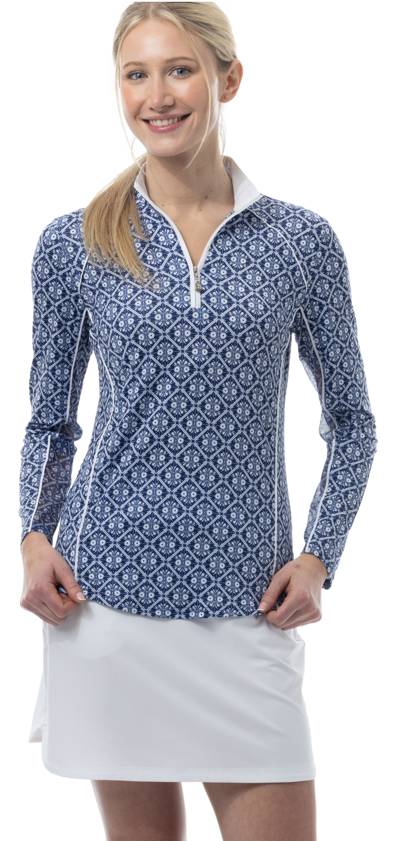 SOLCOOL 1/4 ZIP MOCK WITH PIPING. CASABLANCA. NAVY. 900445P - SanSoleil