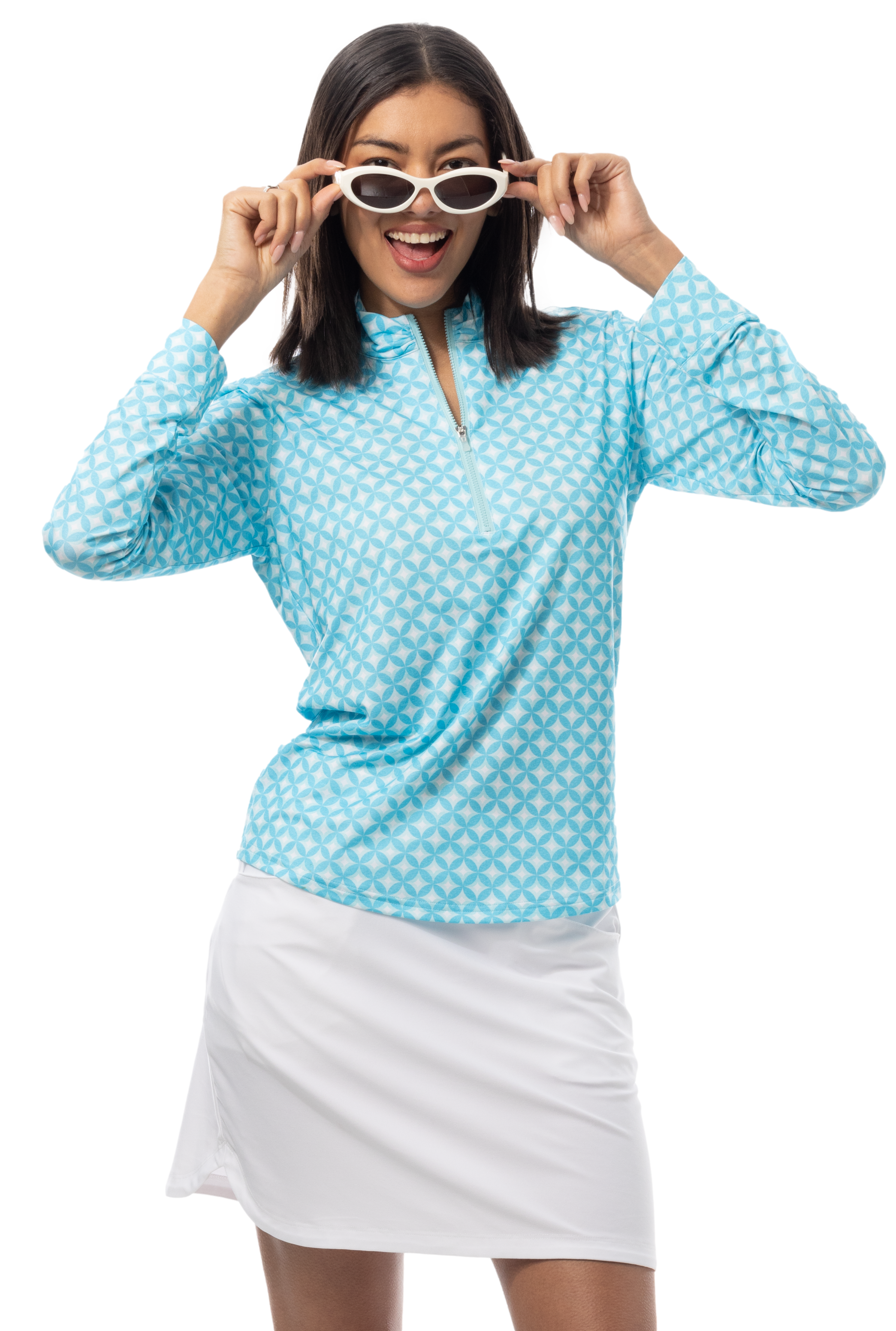 SANSOLEIL SOLMELANGE 1/4 ZIP PRINT MOCK. HARMONY. TURQUOISE. 900453P - SanSoleil