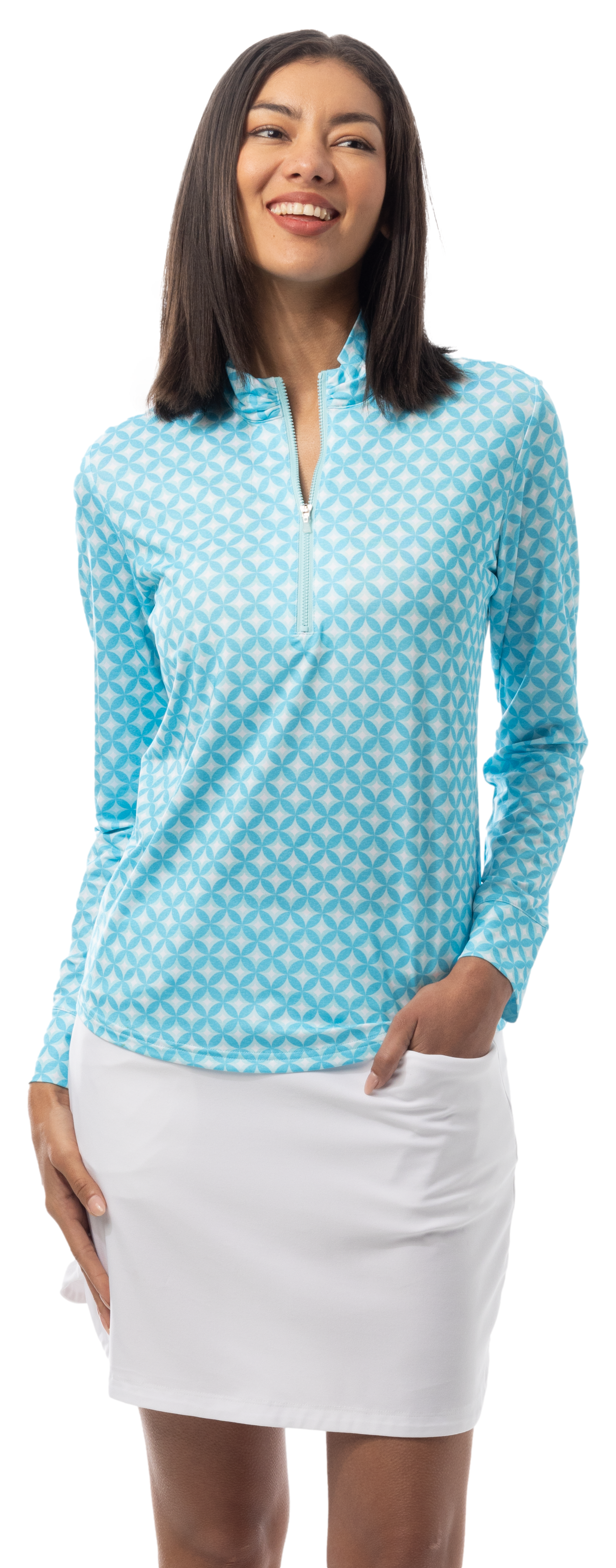 SANSOLEIL SOLMELANGE 1/4 ZIP PRINT MOCK. HARMONY. TURQUOISE. 900453P - SanSoleil