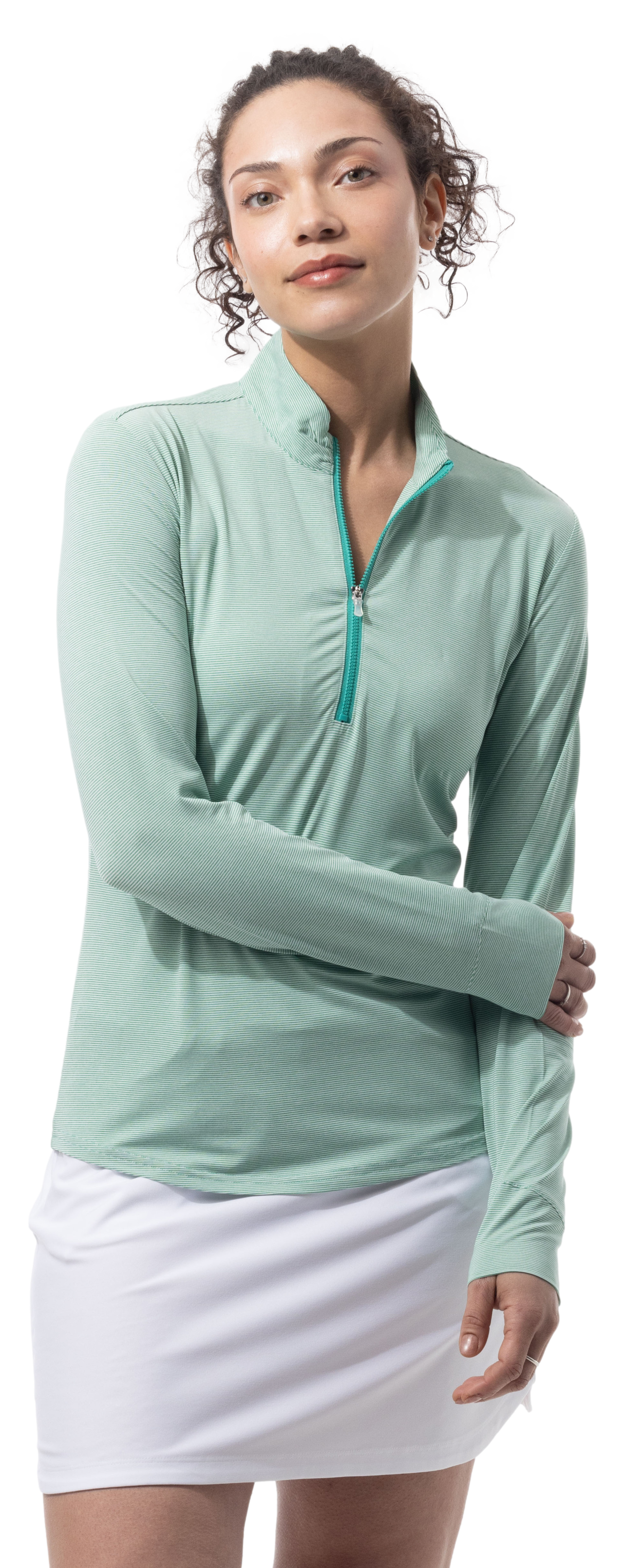 SANSOLEIL MELANGE 1/4 ZIP STRIPE MOCK. GREEN WHITE. 900453MM - SanSoleil