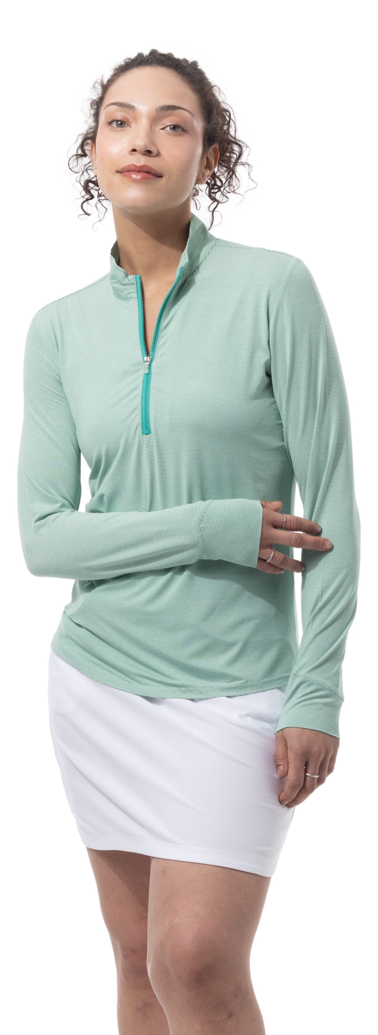 SANSOLEIL MELANGE 1/4 ZIP STRIPE MOCK. GREEN WHITE. 900453MM - SanSoleil