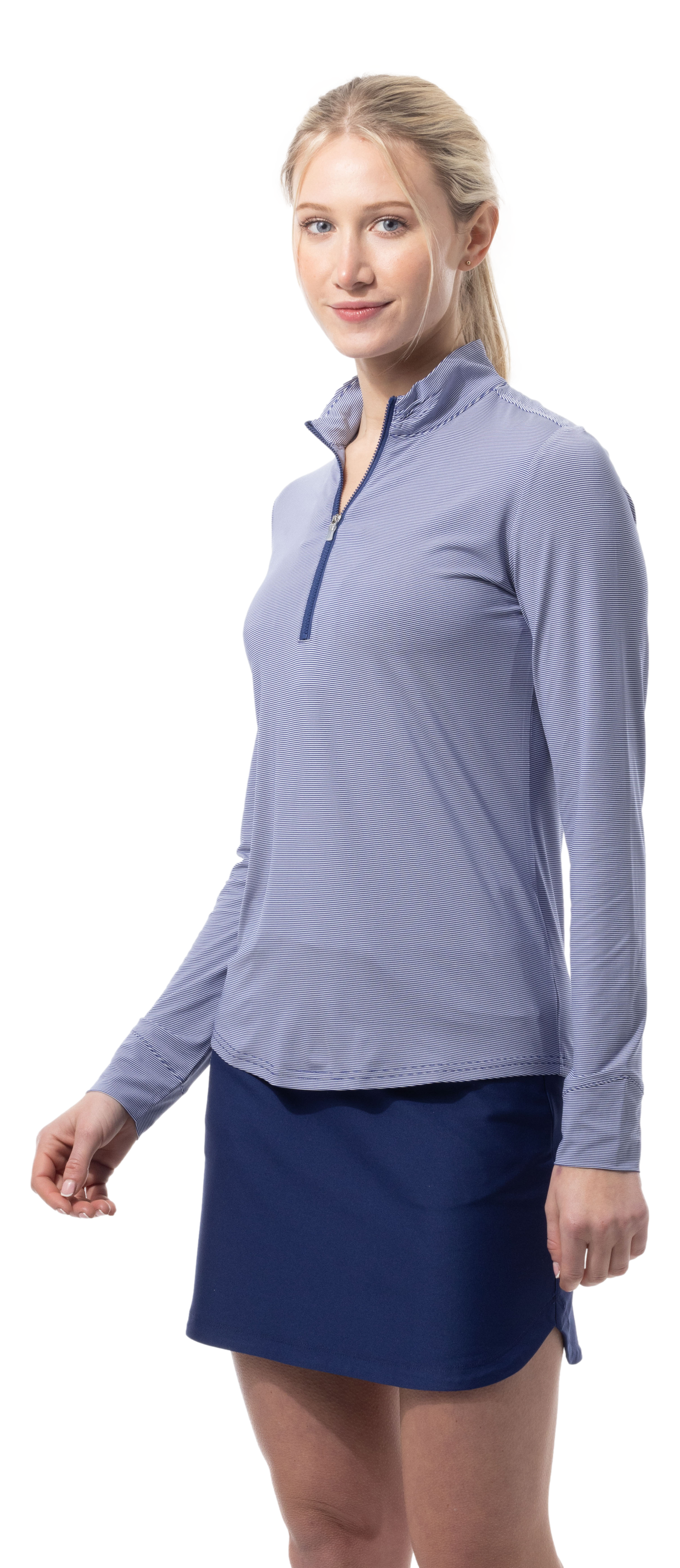 SANSOLEIL MELANGE 1/4 ZIP STRIPE MOCK. MIDNIGHT WHITE. 900453MM - SanSoleil