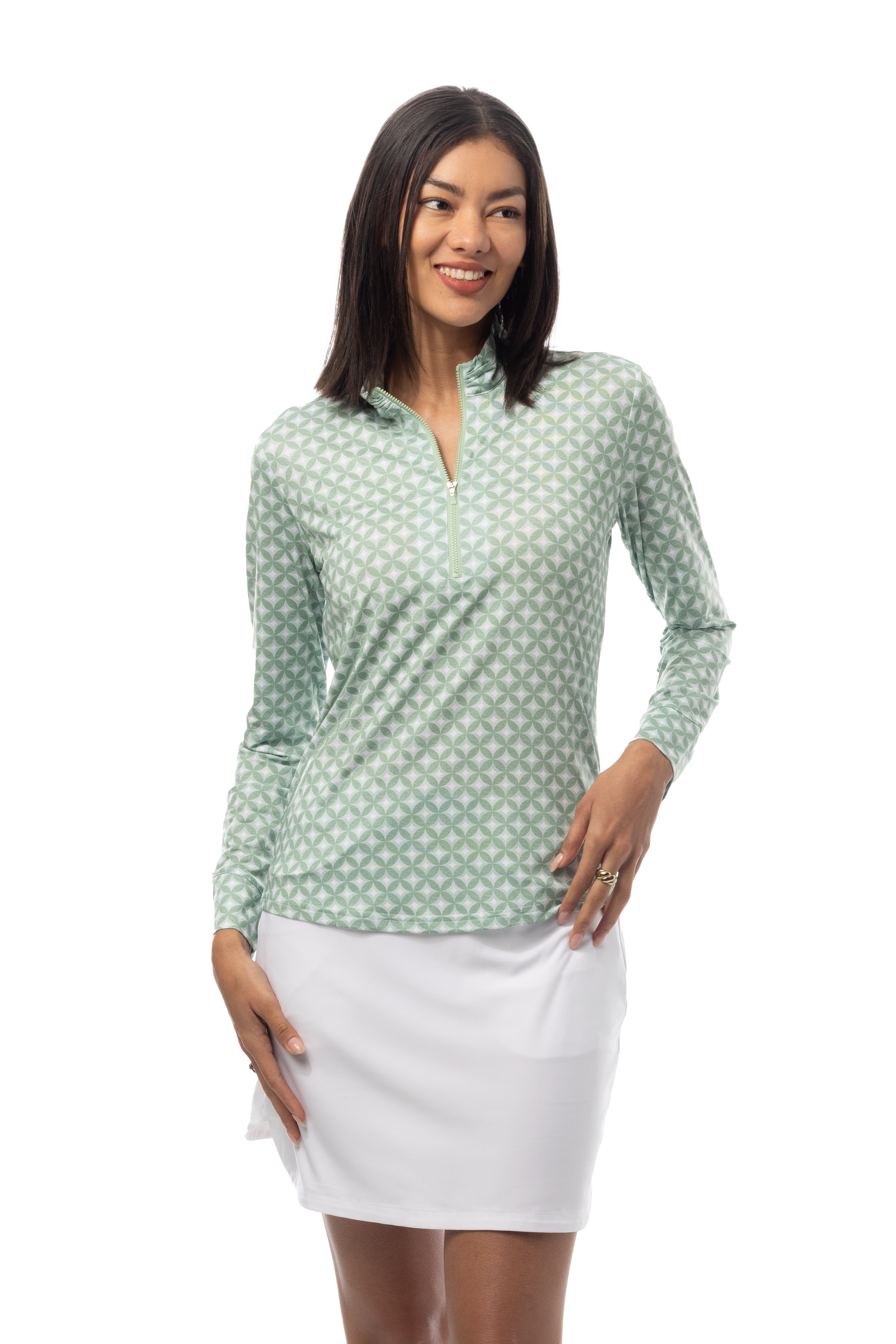 SANSOLEIL SOLMELANGE 1/4 ZIP PRINT MOCK. HARMONY MOSS. 900453P - SanSoleil