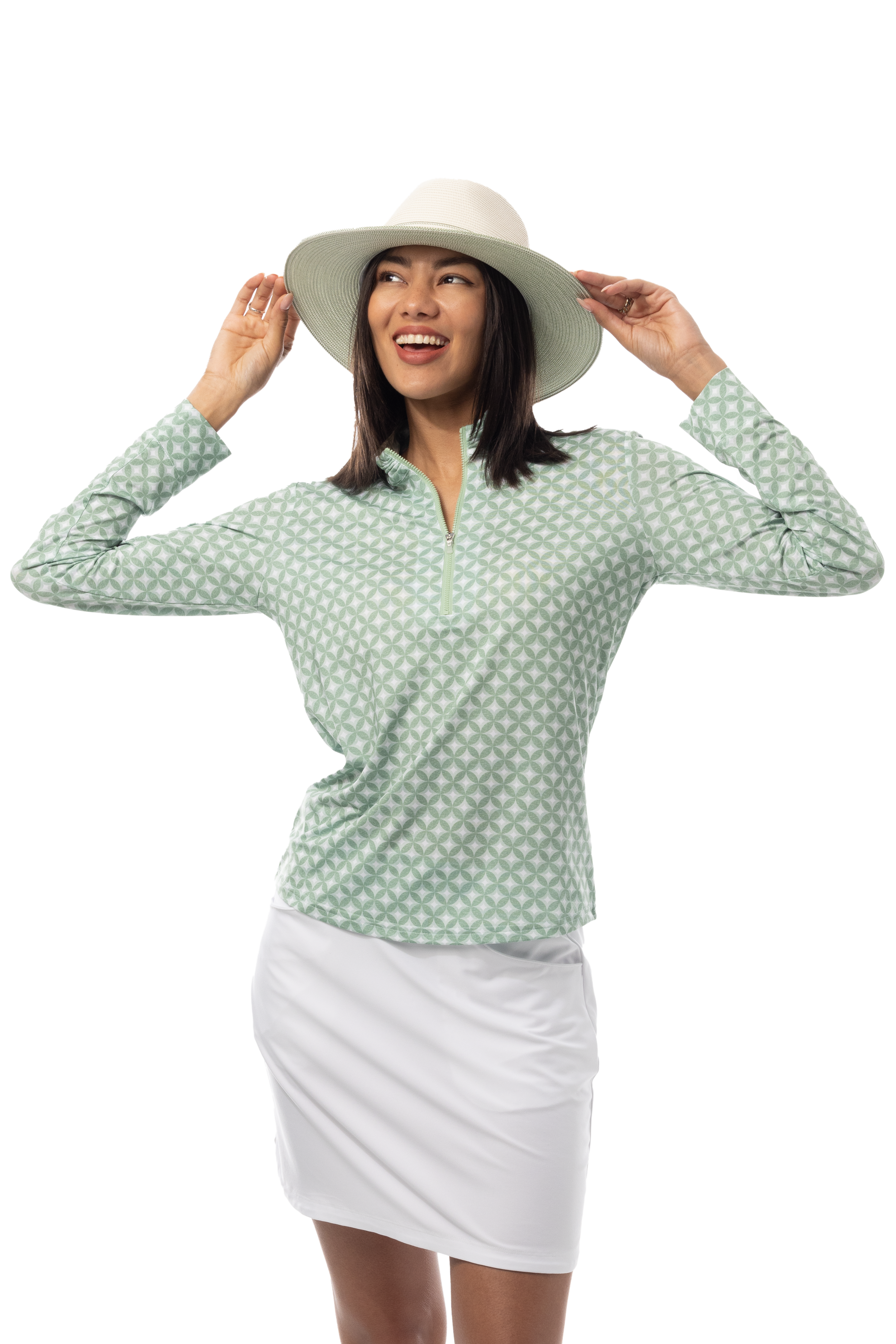 SANSOLEIL SOLMELANGE 1/4 ZIP PRINT MOCK. HARMONY MOSS. 900453P - SanSoleil