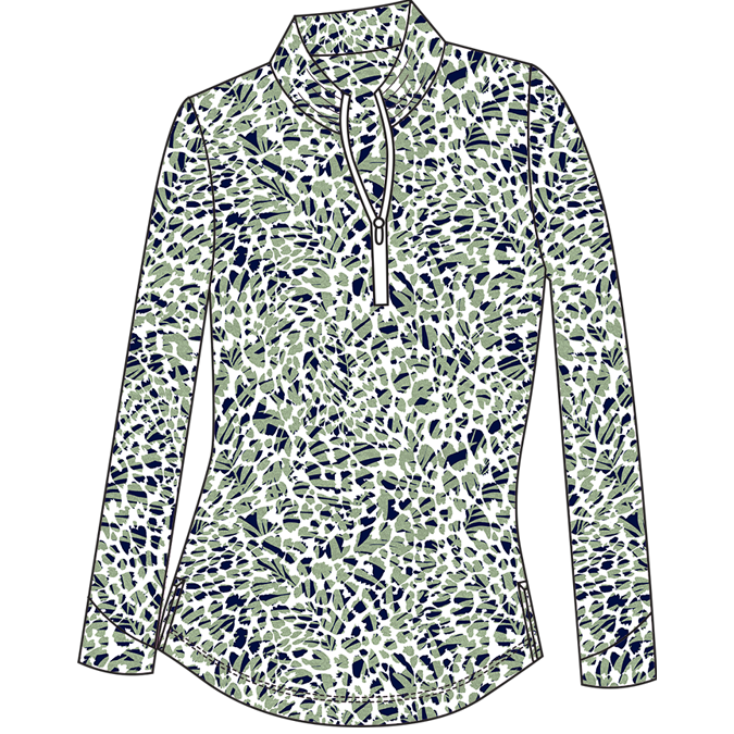 SANSOLEIL SOLMELANGE 1/4 ZIP PRINT MOCK. JUNGLE CAT. MOSS. 900453P - SanSoleil
