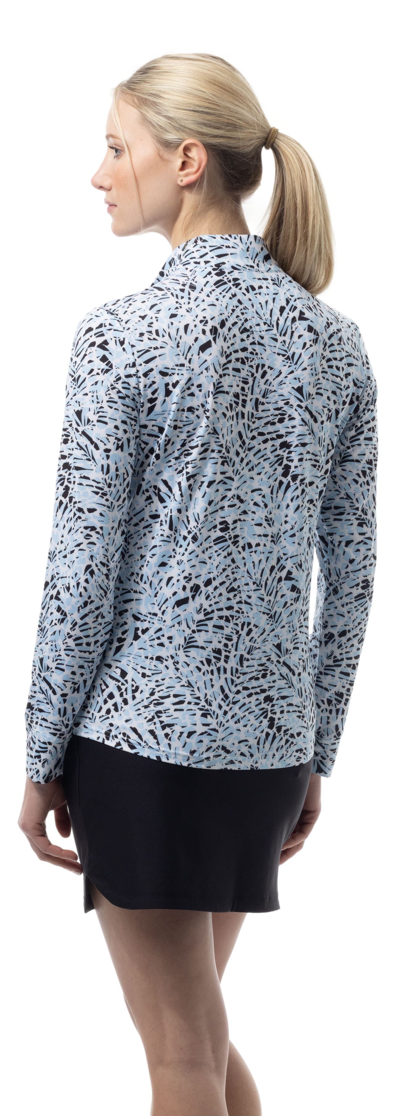 SANSOLEIL SOLMELANGE 1/4 ZIP PRINT MOCK. JUNGLE CAT. BLUE 900453P - SanSoleil