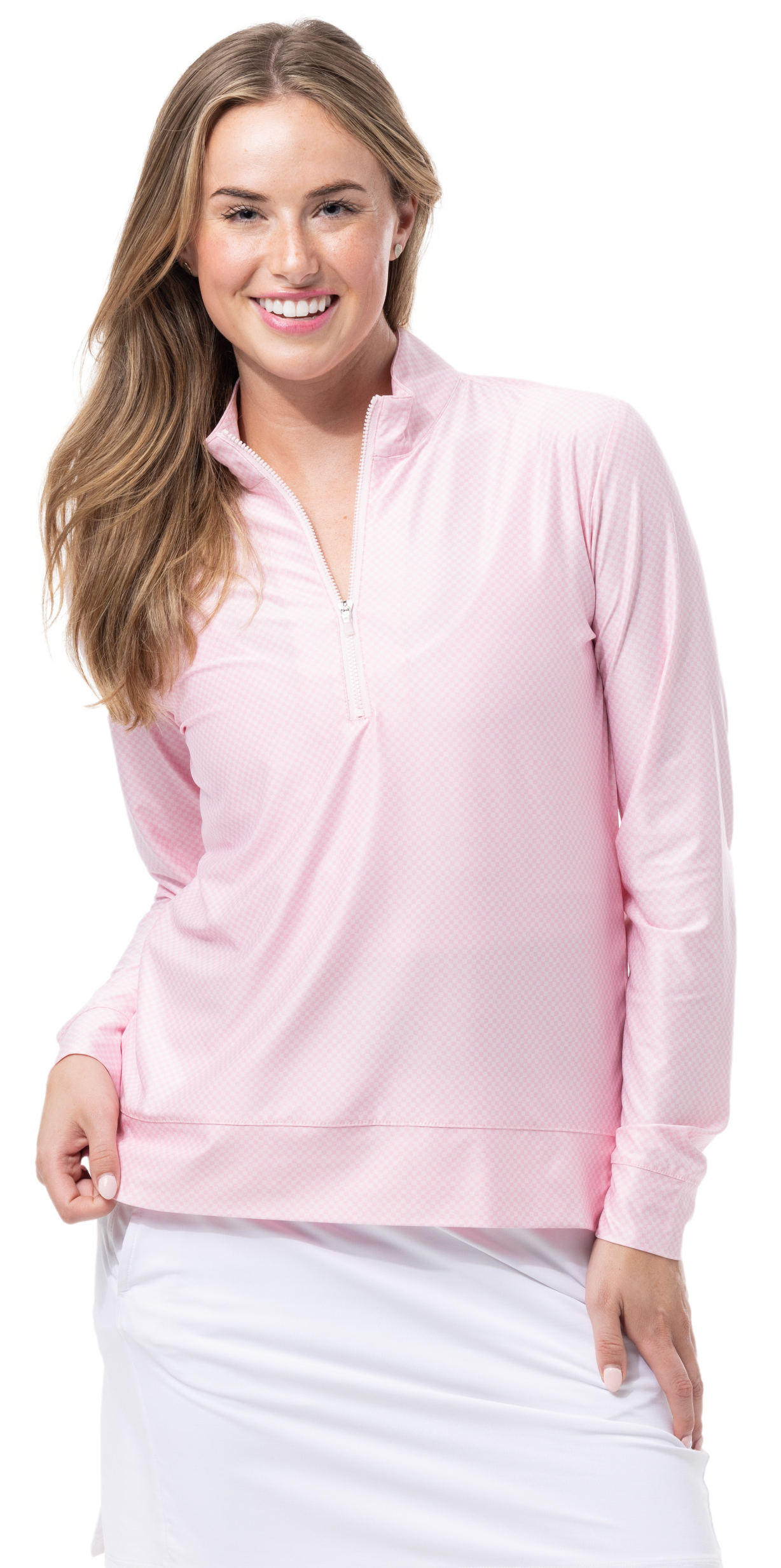 SOLTEK ICE PRINT ZIP MOCK. Rose Quartz Check. 900454P