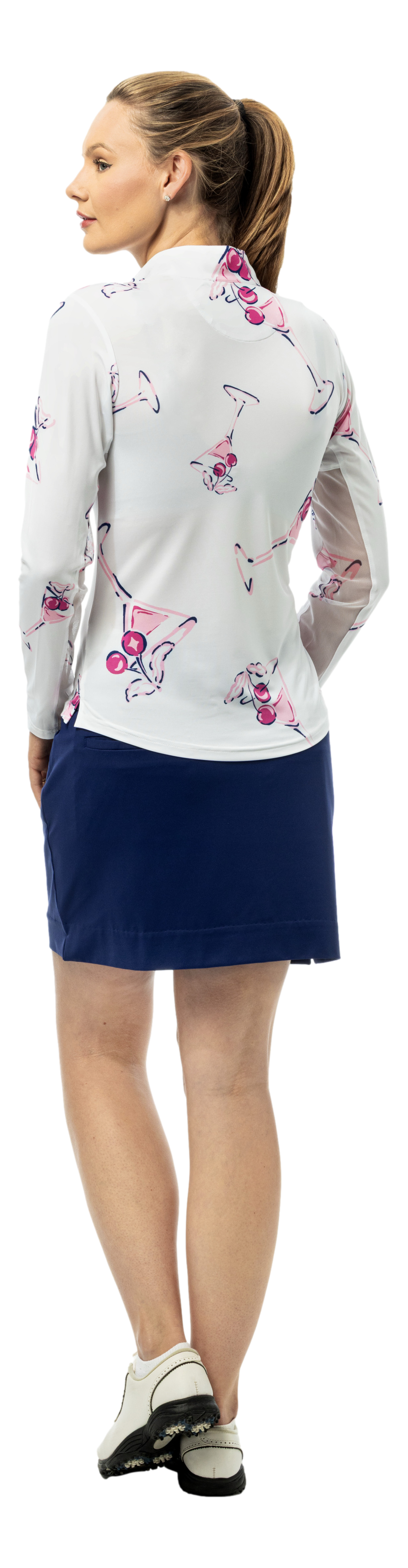 SanSoleil SOLCOOL 1/4 zip mock top with print design, long sleeve, lightweight athletic shirt for active wear.