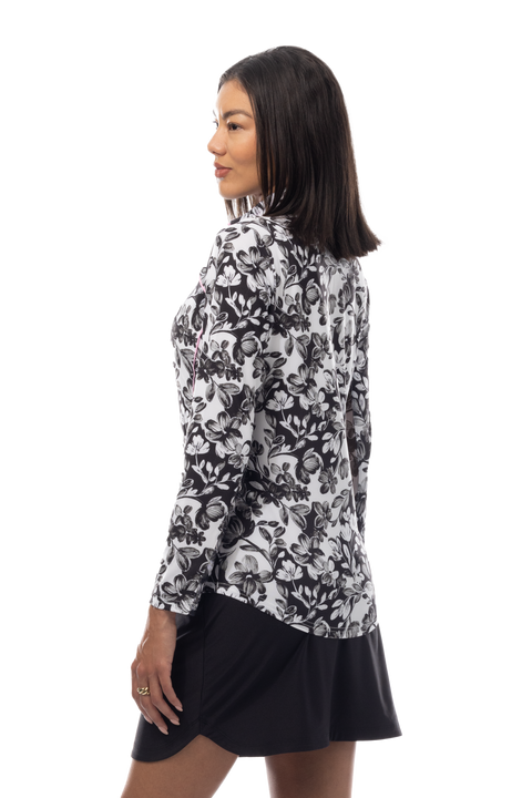 SANSOLEIL 1/4 ZIP MOCK WITH PIPING. JARDIN. BLACK-BALLET PINK. 900445P