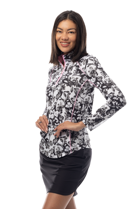 SANSOLEIL 1/4 ZIP MOCK WITH PIPING. JARDIN. BLACK-BALLET PINK. 900445P