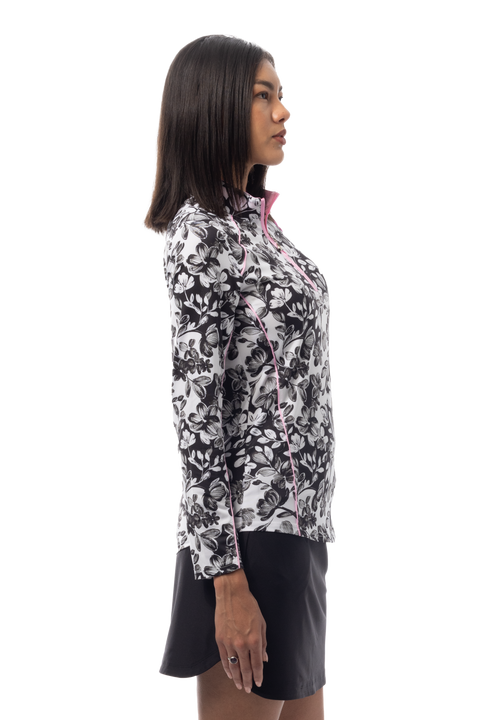 SANSOLEIL 1/4 ZIP MOCK WITH PIPING. JARDIN. BLACK-BALLET PINK. 900445P