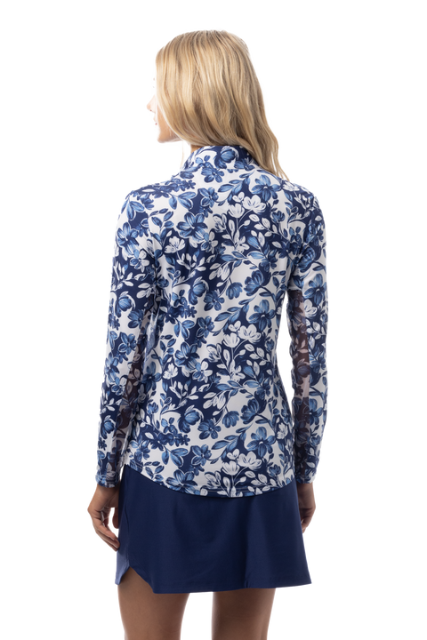 SANSOLEIL 1/4 ZIP MOCK WITH PIPING. JARDIN. CORNFLOWER-NAVY. 900445P