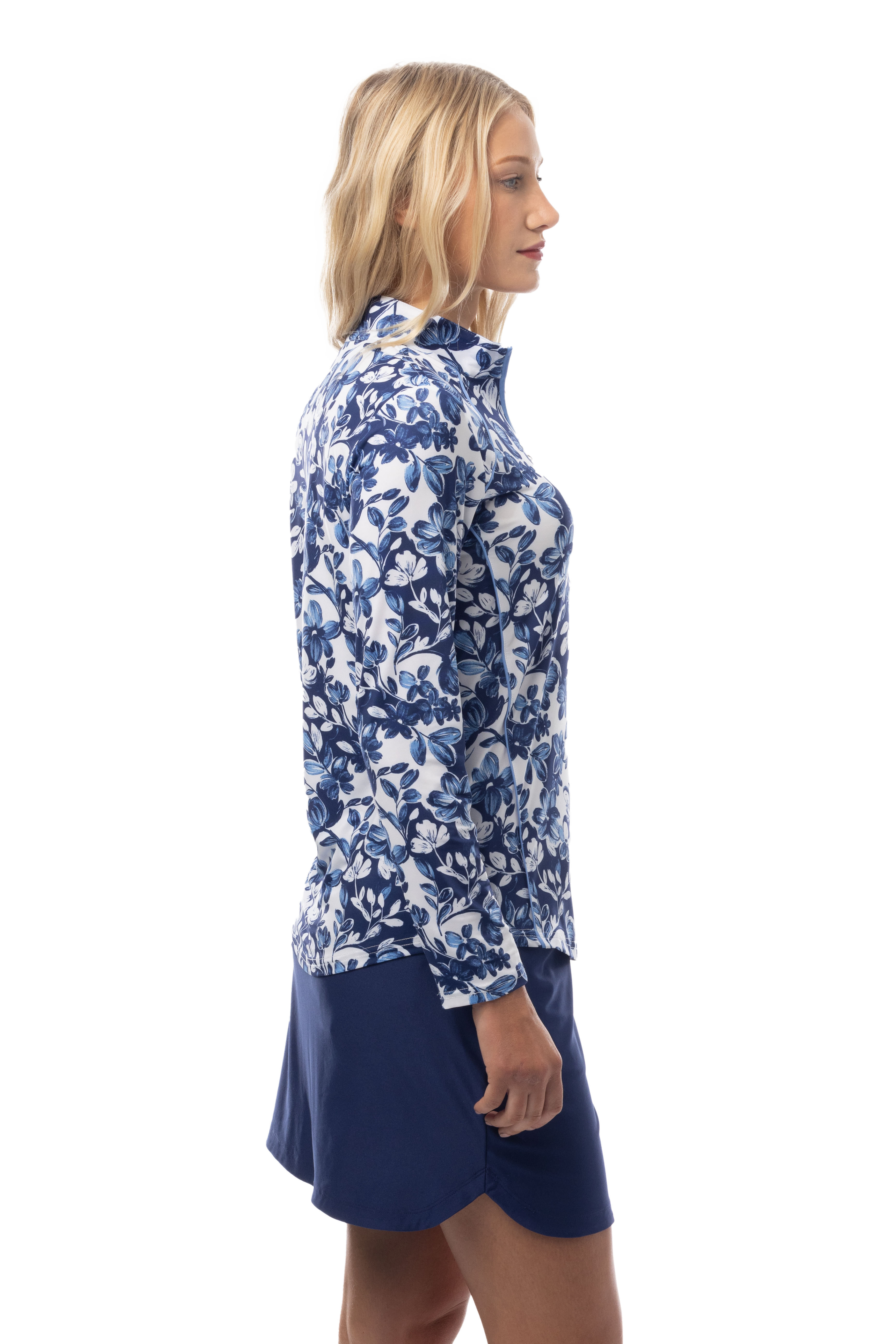 SANSOLEIL 1/4 ZIP MOCK WITH PIPING. JARDIN. CORNFLOWER-NAVY. 900445P - SanSoleil