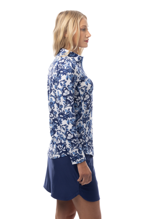 SANSOLEIL 1/4 ZIP MOCK WITH PIPING. JARDIN. CORNFLOWER-NAVY. 900445P