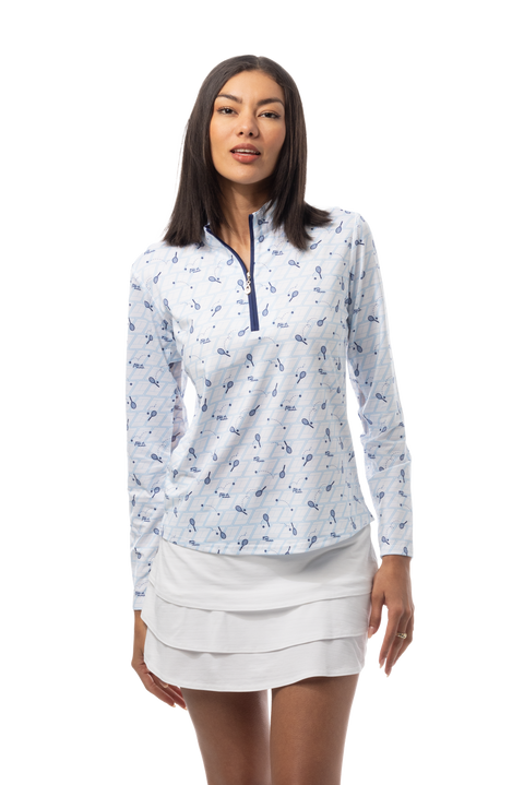 SANSOLEIL SOLCOOL PRINT 1/4 ZIP MOCK. GAME SET MATCH BLUE. 900463