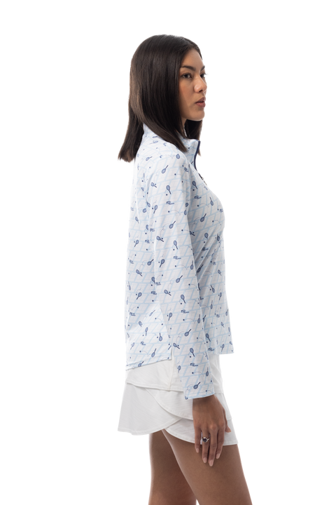 SANSOLEIL SOLCOOL PRINT 1/4 ZIP MOCK. GAME SET MATCH BLUE. 900463