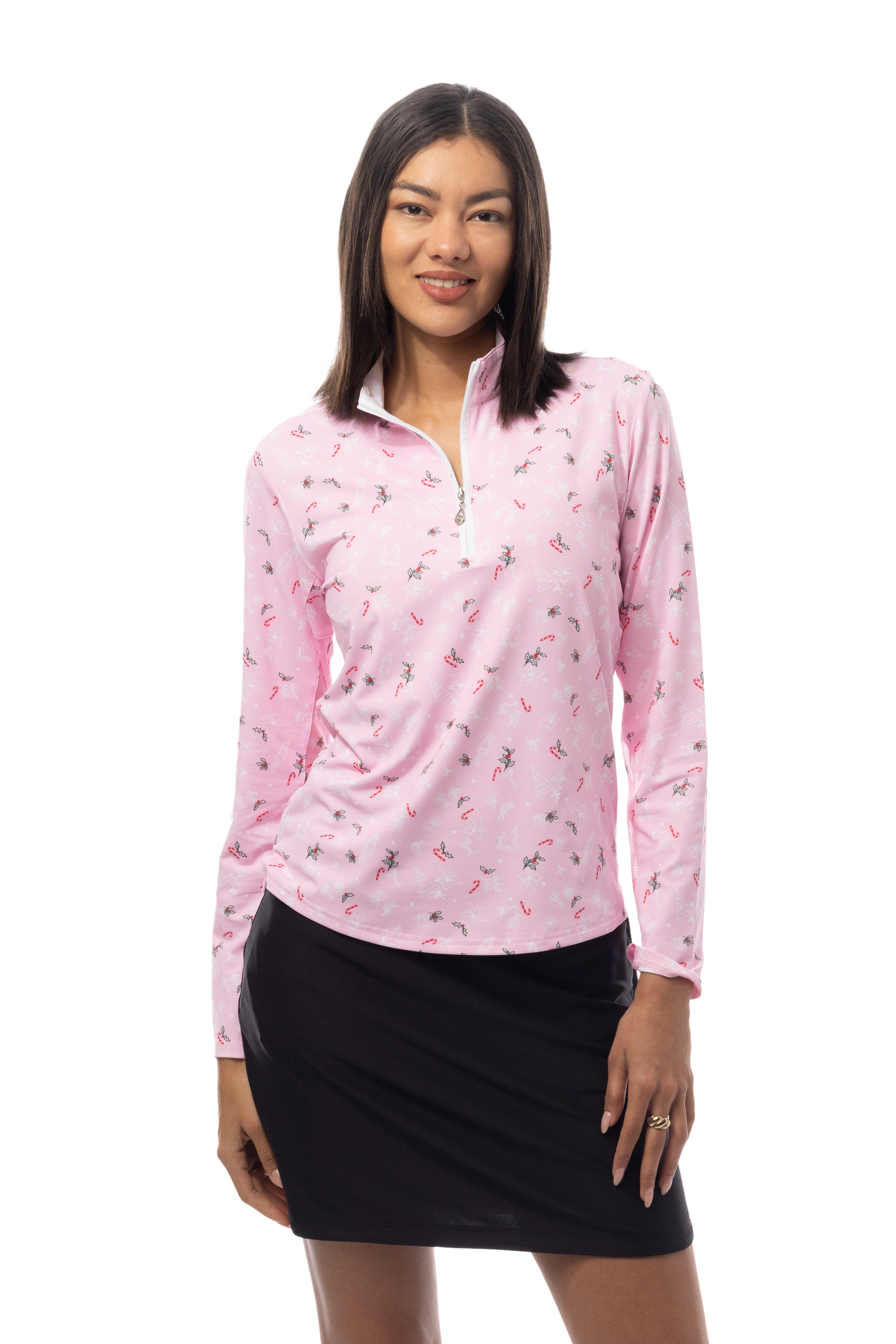 SANSOLEIL 1/4 ZIP MOCK. DECK THE HALLS. PINK. 900463 - SanSoleil