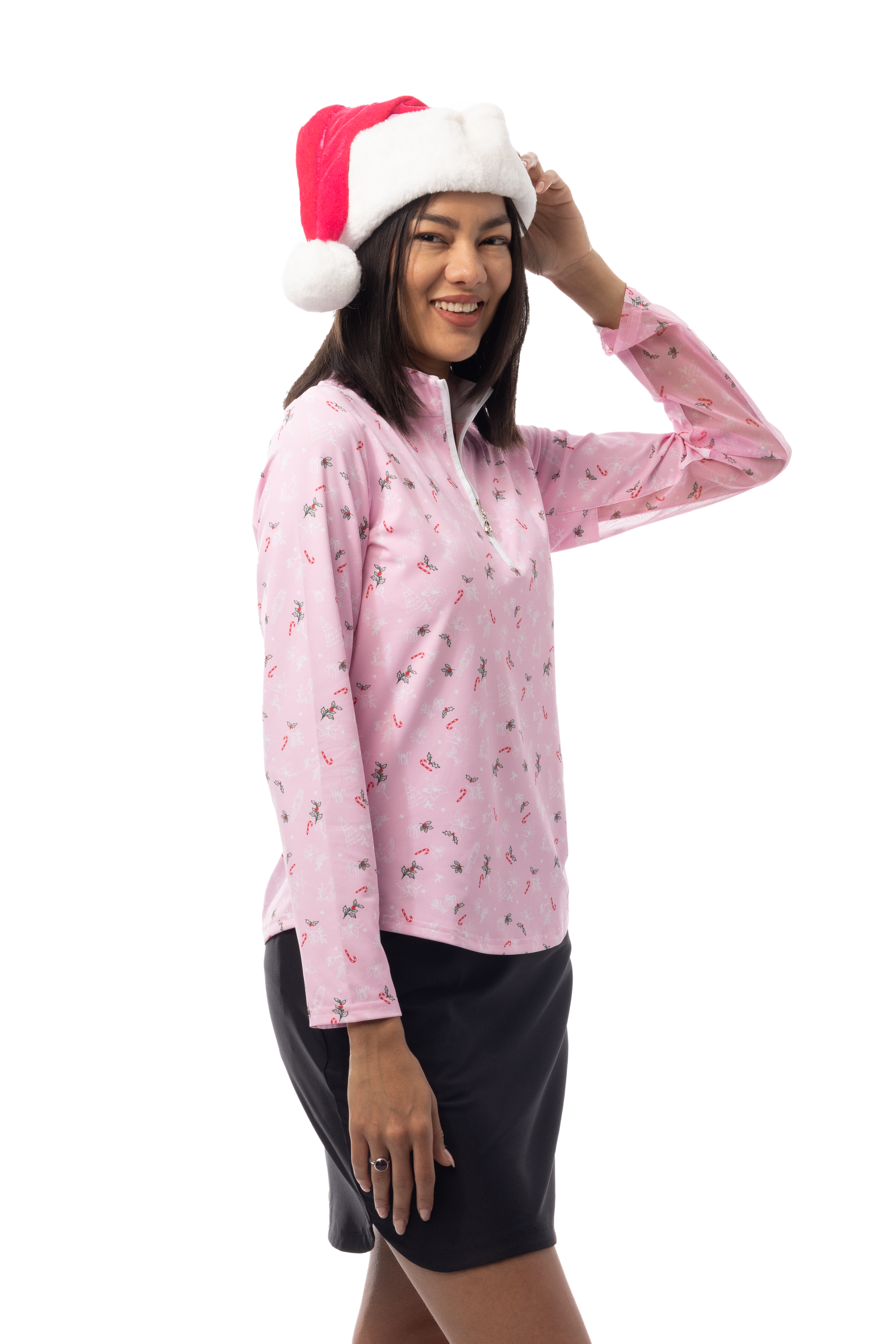 SANSOLEIL 1/4 ZIP MOCK. DECK THE HALLS. PINK. 900463 - SanSoleil