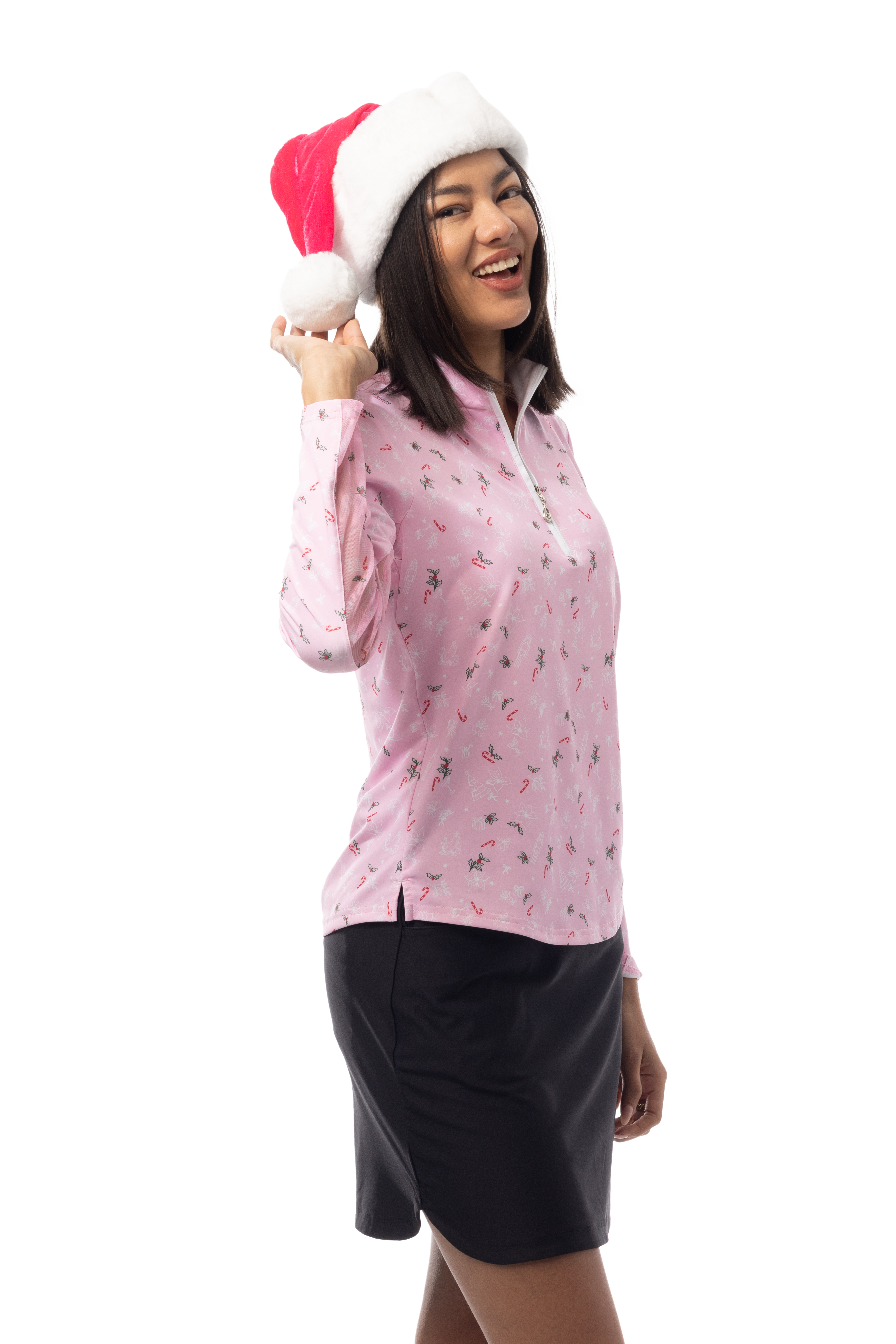 SANSOLEIL 1/4 ZIP MOCK. DECK THE HALLS. PINK. 900463 - SanSoleil