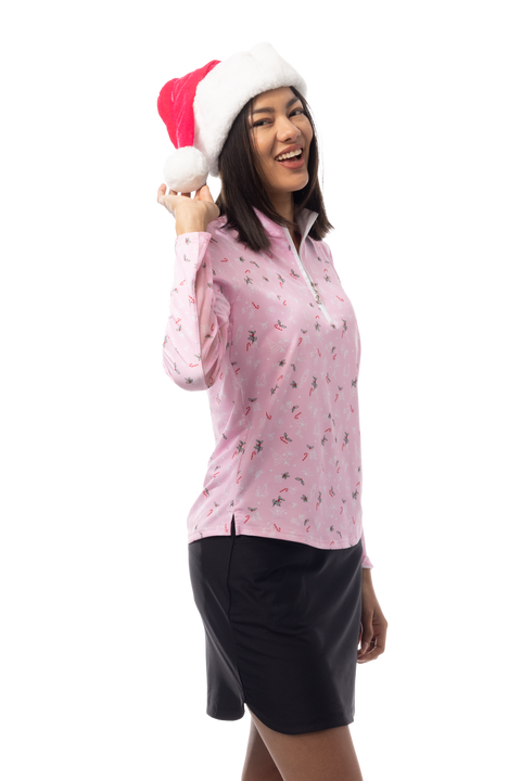 SANSOLEIL 1/4 ZIP MOCK. DECK THE HALLS. PINK. 900463