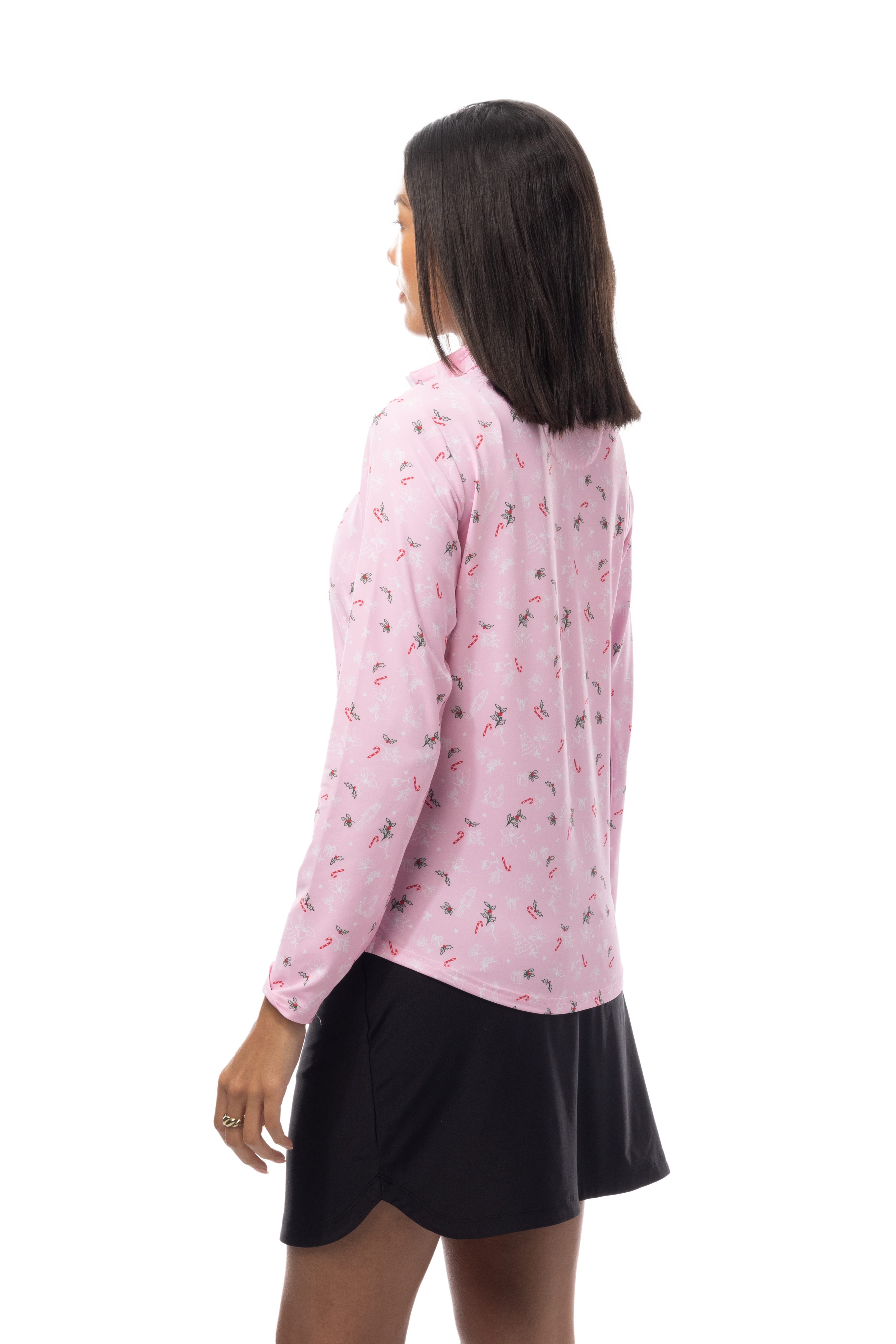 SANSOLEIL 1/4 ZIP MOCK. DECK THE HALLS. PINK. 900463 - SanSoleil