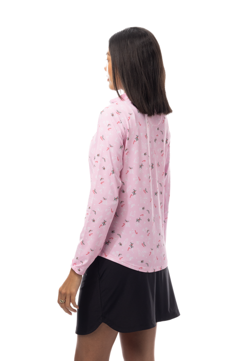 SANSOLEIL 1/4 ZIP MOCK. DECK THE HALLS. PINK. 900463