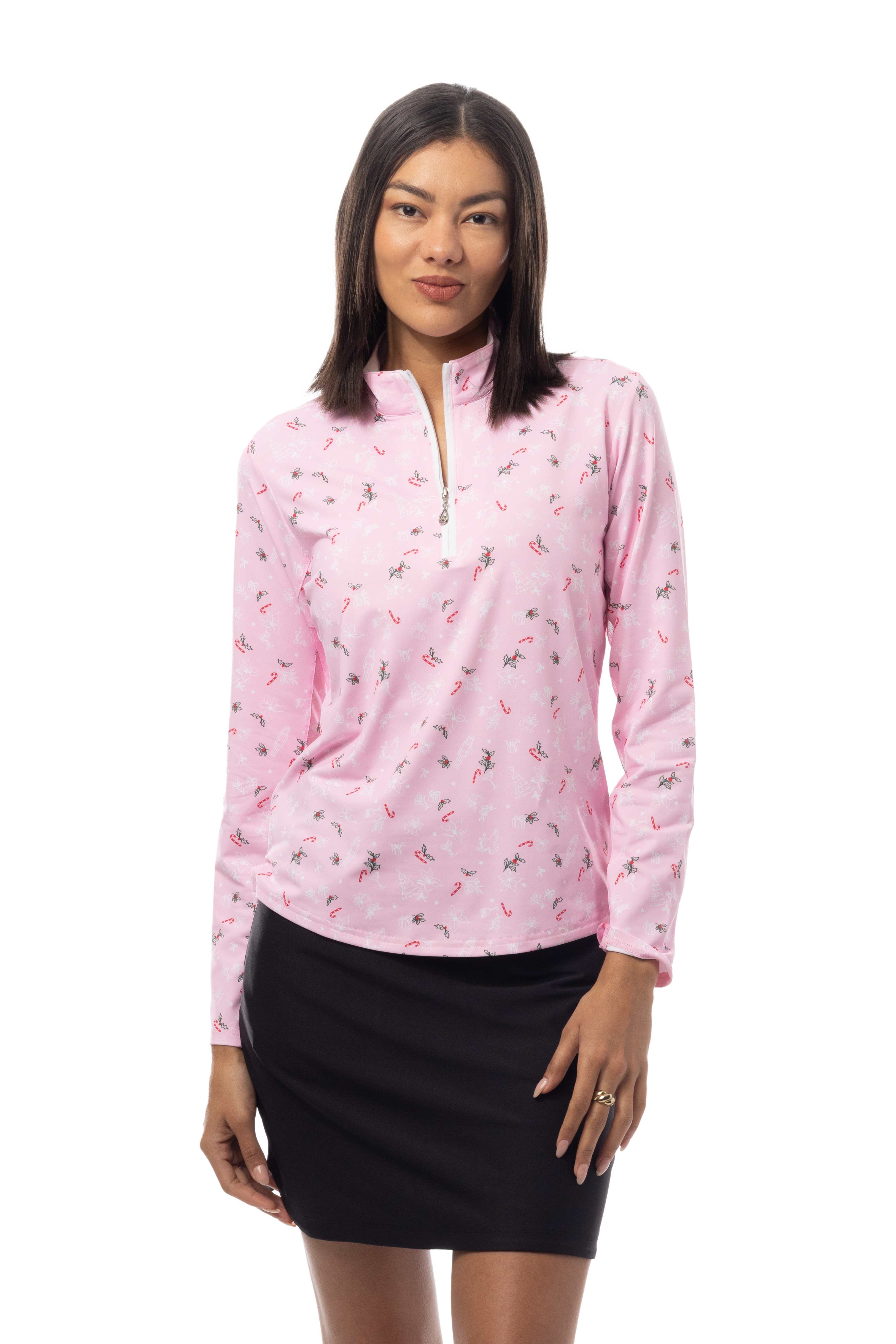 SANSOLEIL 1/4 ZIP MOCK. DECK THE HALLS. PINK. 900463 - SanSoleil