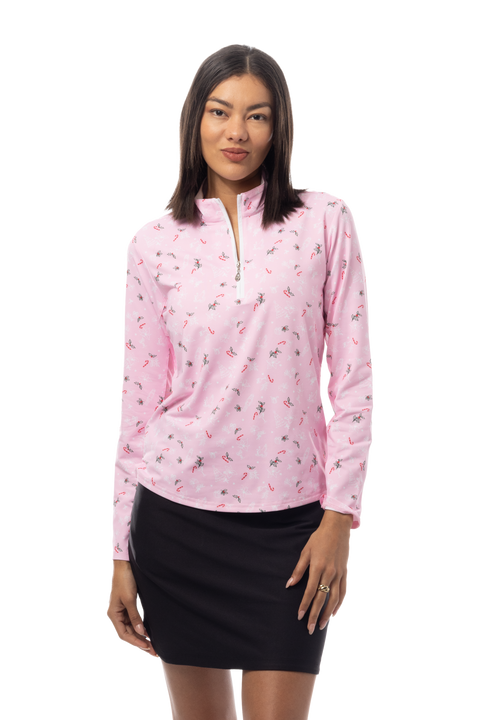 SANSOLEIL 1/4 ZIP MOCK. DECK THE HALLS. PINK. 900463