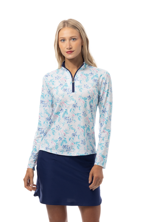 SANSOLEIL'S SOLCOOL 1/4 ZIP MOCK. FLAMINGO GARDEN. 900463